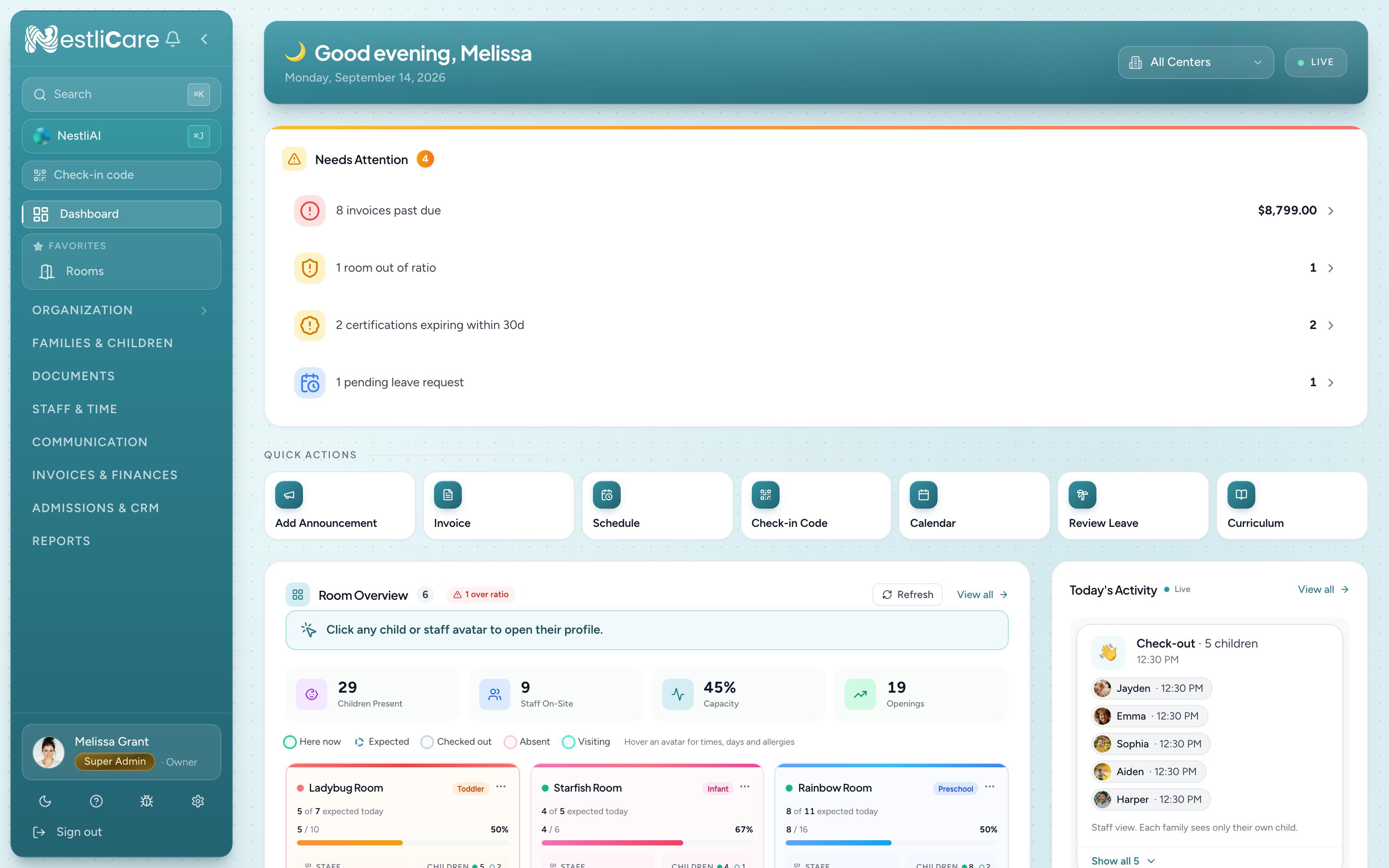 The NestliCare web dashboard: sidebar on the left, needs-attention alerts, quick actions, room overview, and activity feed