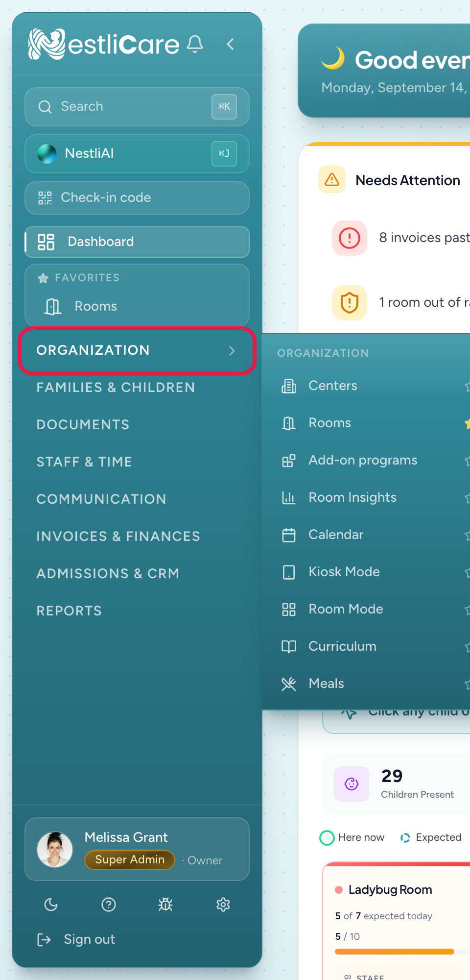 The dashboard sidebar: Dashboard, a Favorites panel holding Families, Rooms and Attendance, then Organization, Families & Children, Paperwork, Staff & Time, Communication, Billing & Payments, Admissions & CRM, and Reports, with the Organization flyout open beside it
