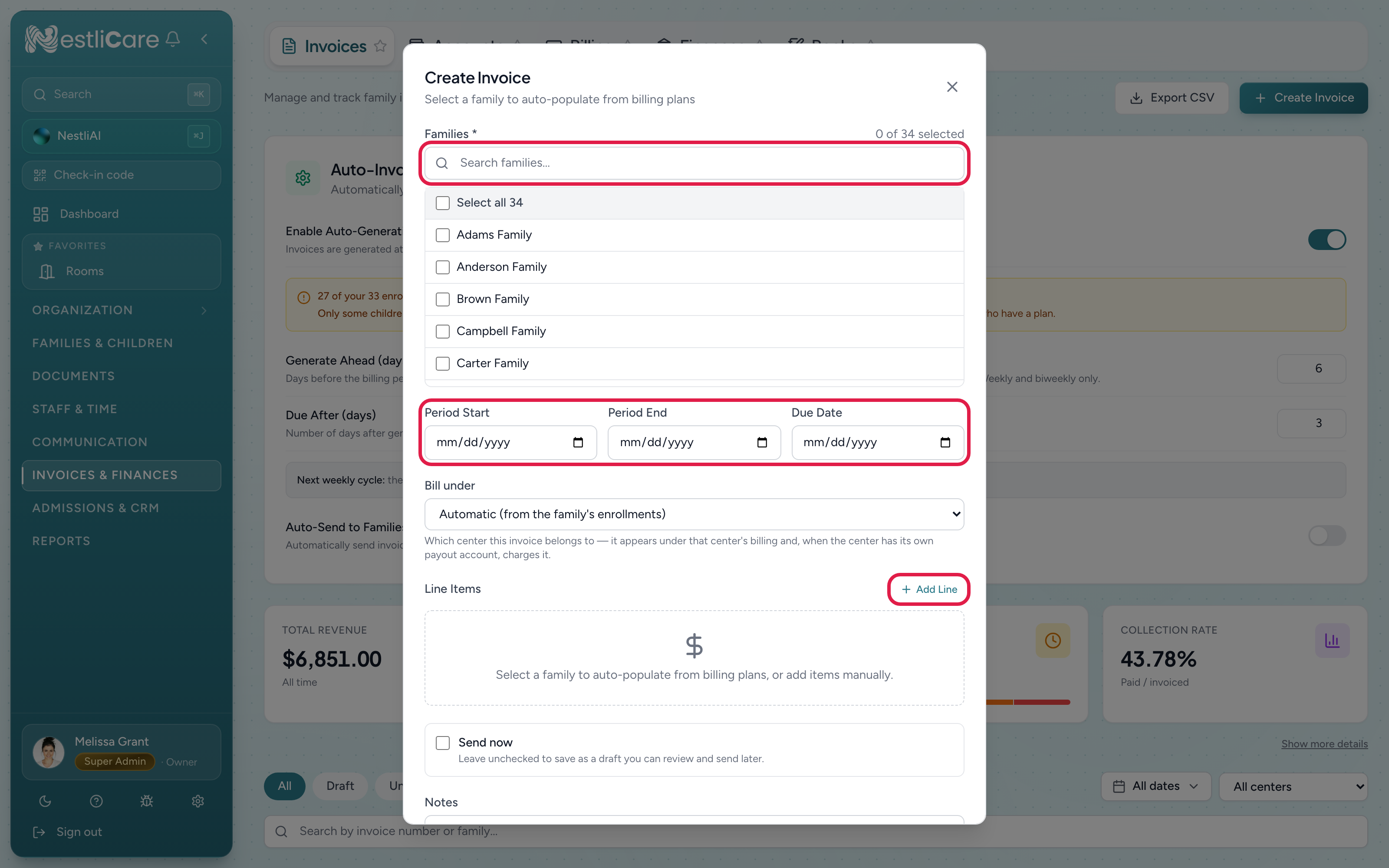The Create Invoice form with family, period, due date, line items, and notes