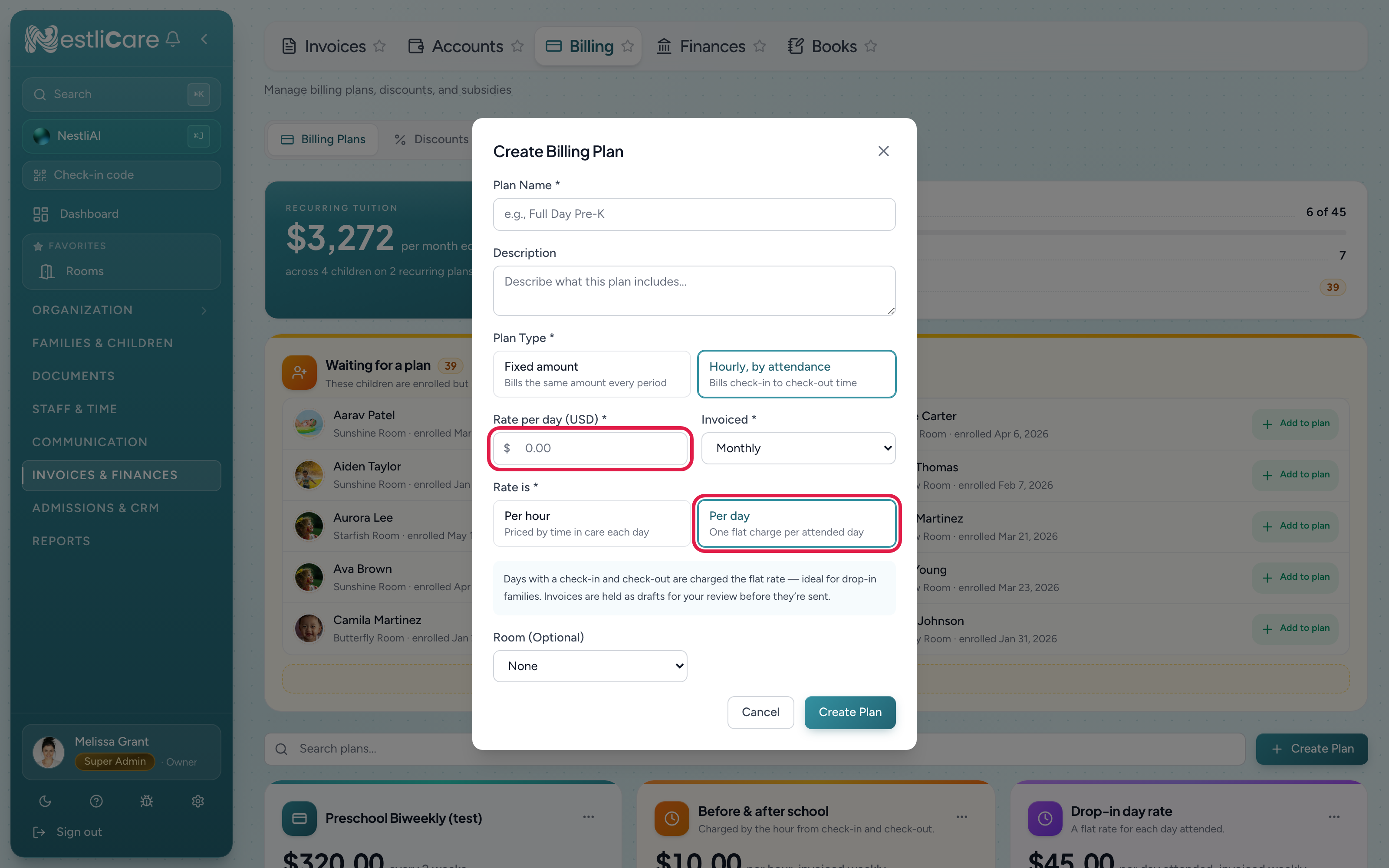 The Create Billing Plan form with Plan Type set to Hourly, by attendance and Rate is set to Per day, showing a rate per day and an invoiced cadence