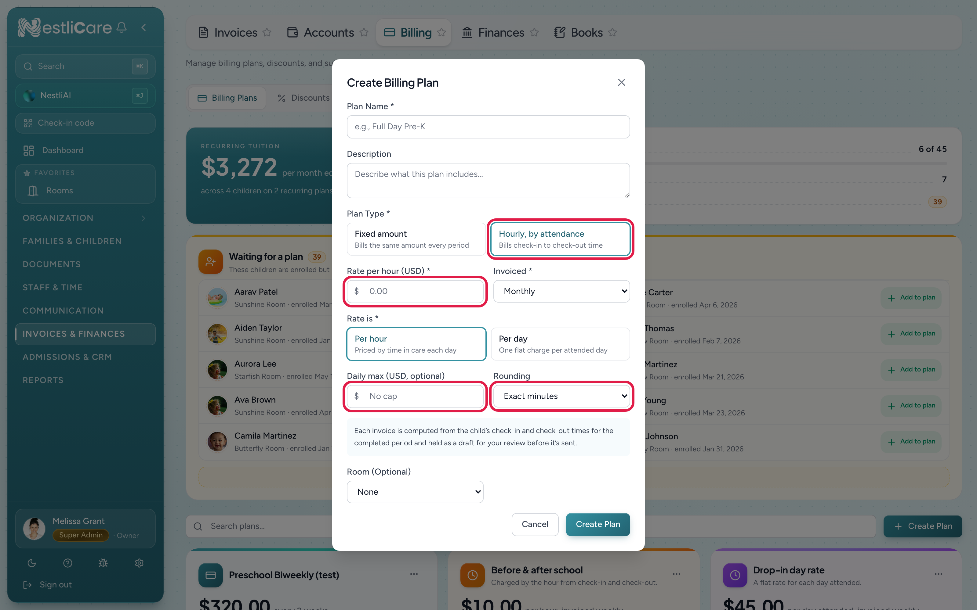 The Create Billing Plan form with Plan Type set to Hourly, by attendance, showing rate per hour, invoiced cadence, daily max, and rounding