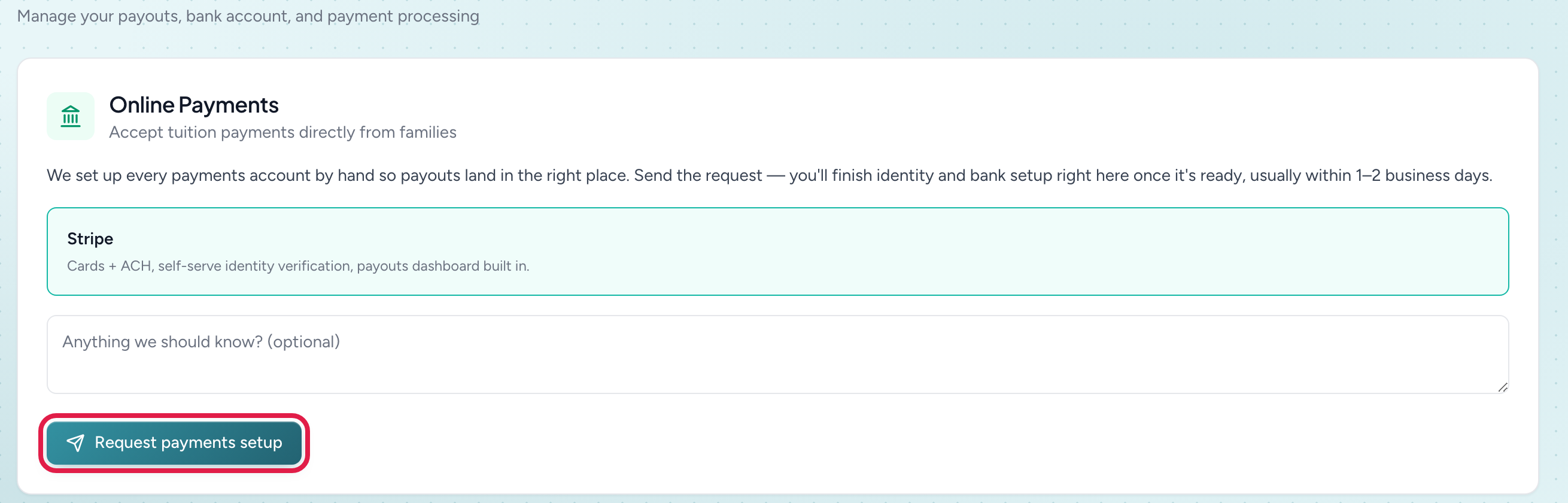 The Online Payments card on the Finances page, showing that NestliCare will provision the payment account