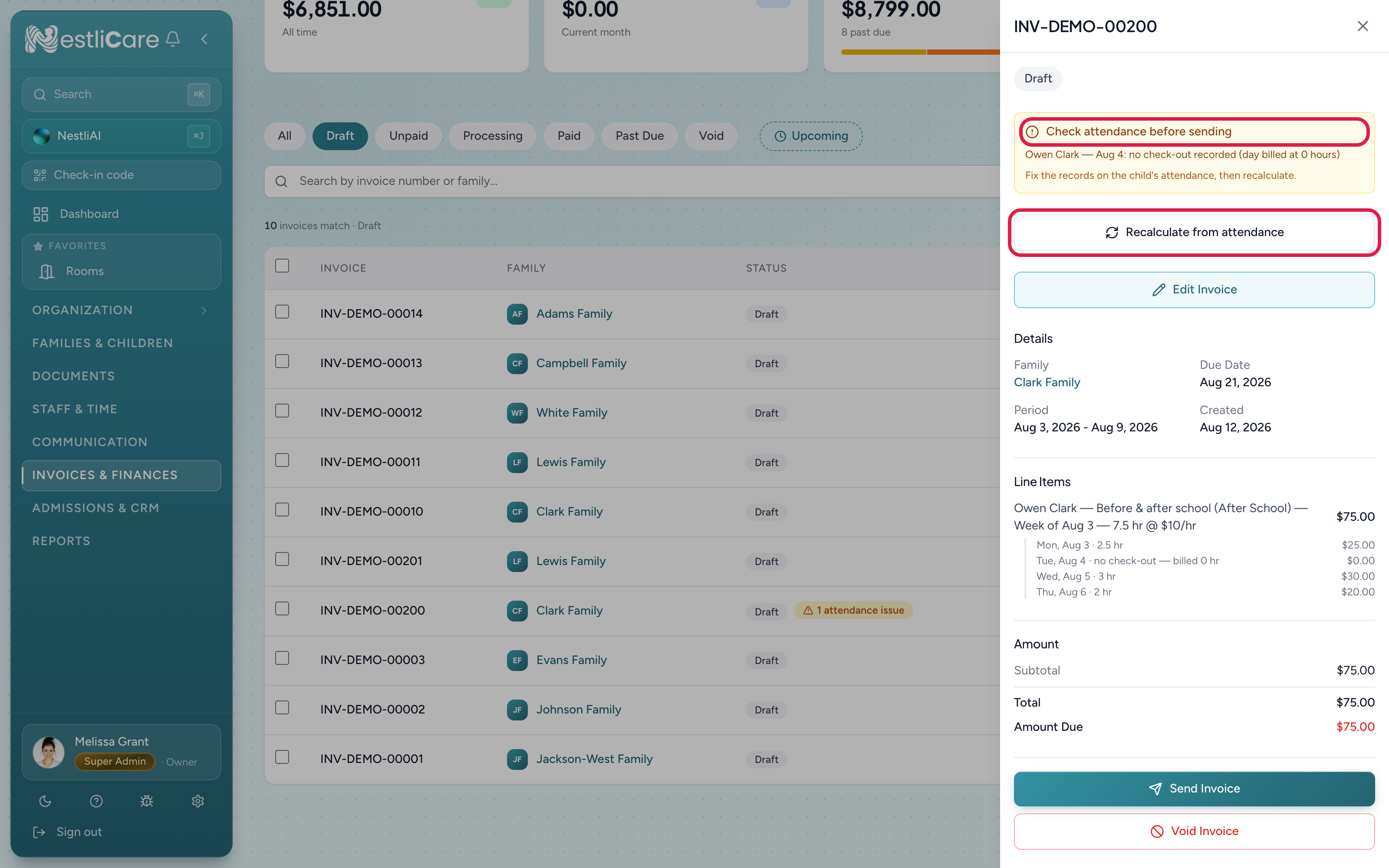 An hourly draft invoice showing the Check attendance before sending panel, the flagged day, and the Recalculate from attendance button