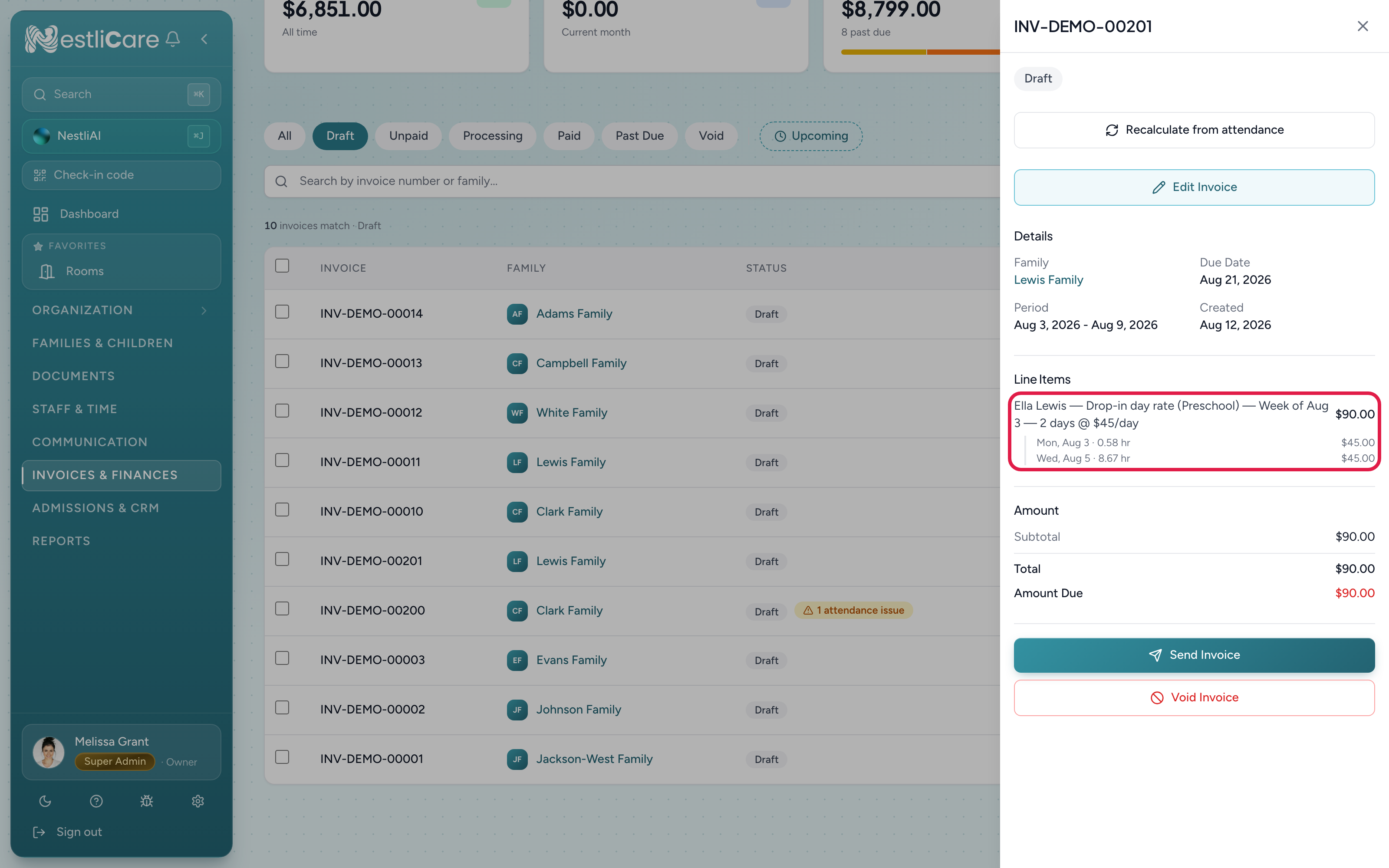 A draft invoice for a daily rate plan showing 2 days at $45 per day with a per-day breakdown listing the real hours for each day