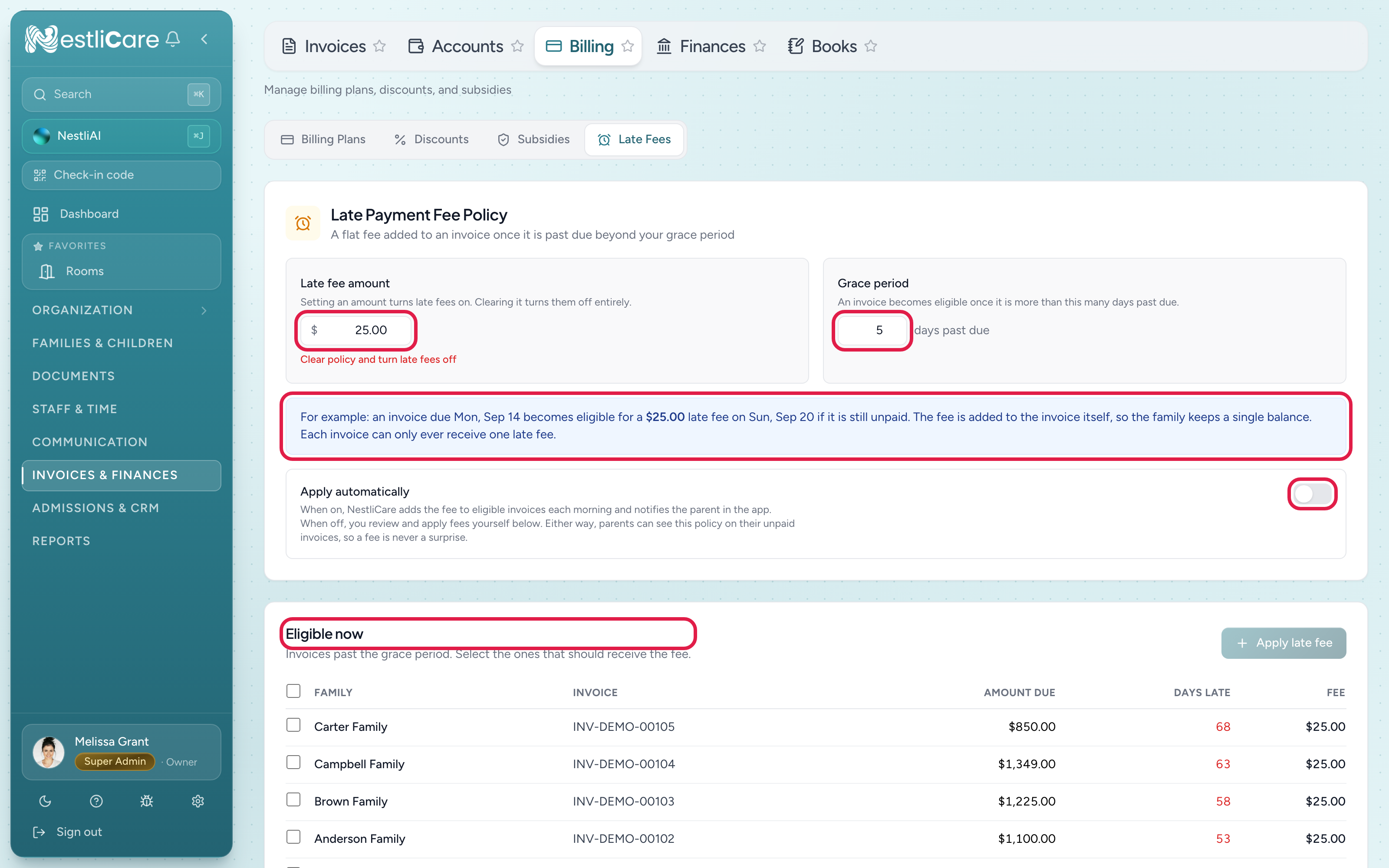 The Late Fees tab: policy amount and grace period, a worked example, the Apply automatically toggle, and the Eligible now table
