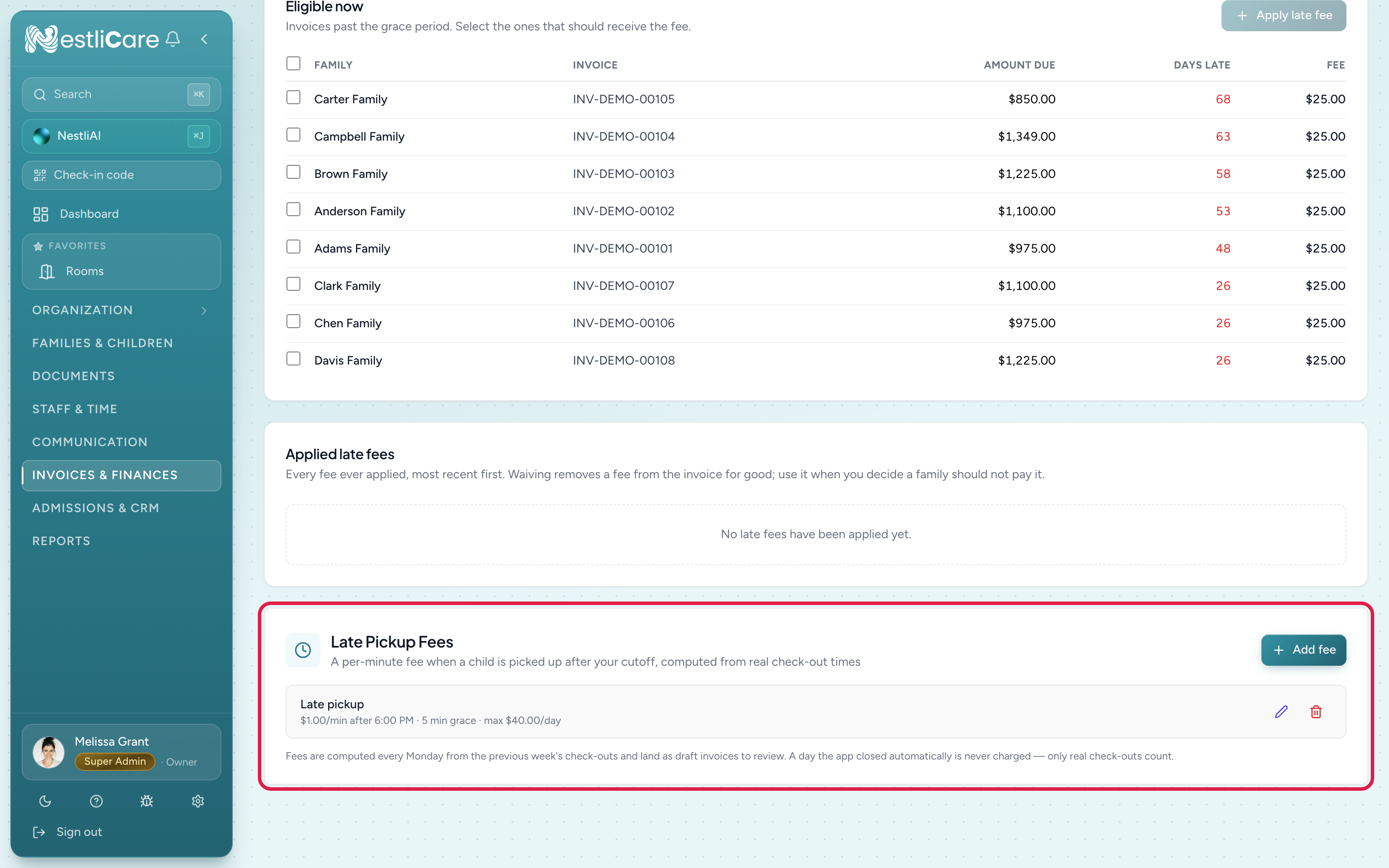 The Late Pickup Fees card on the Late Fees tab, showing a $1.00/min rule after 6:00 PM with a 5-minute grace and $40/day cap