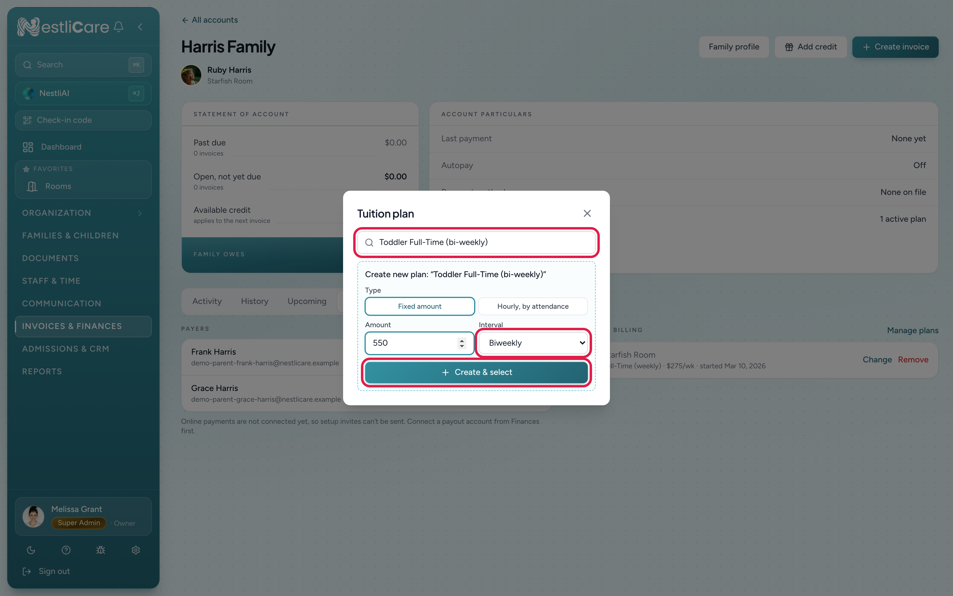 The Tuition plan picker with a new plan name typed in and the inline Create new plan form showing Fixed amount, an amount, and Biweekly selected