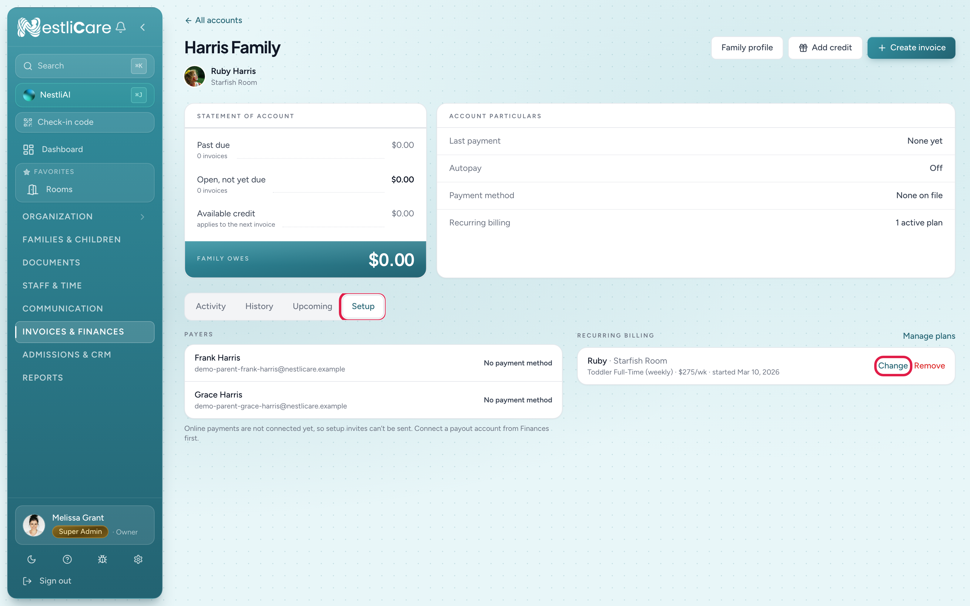 A family's account page on the Setup tab, showing the child's weekly plan under Recurring billing with a Change button