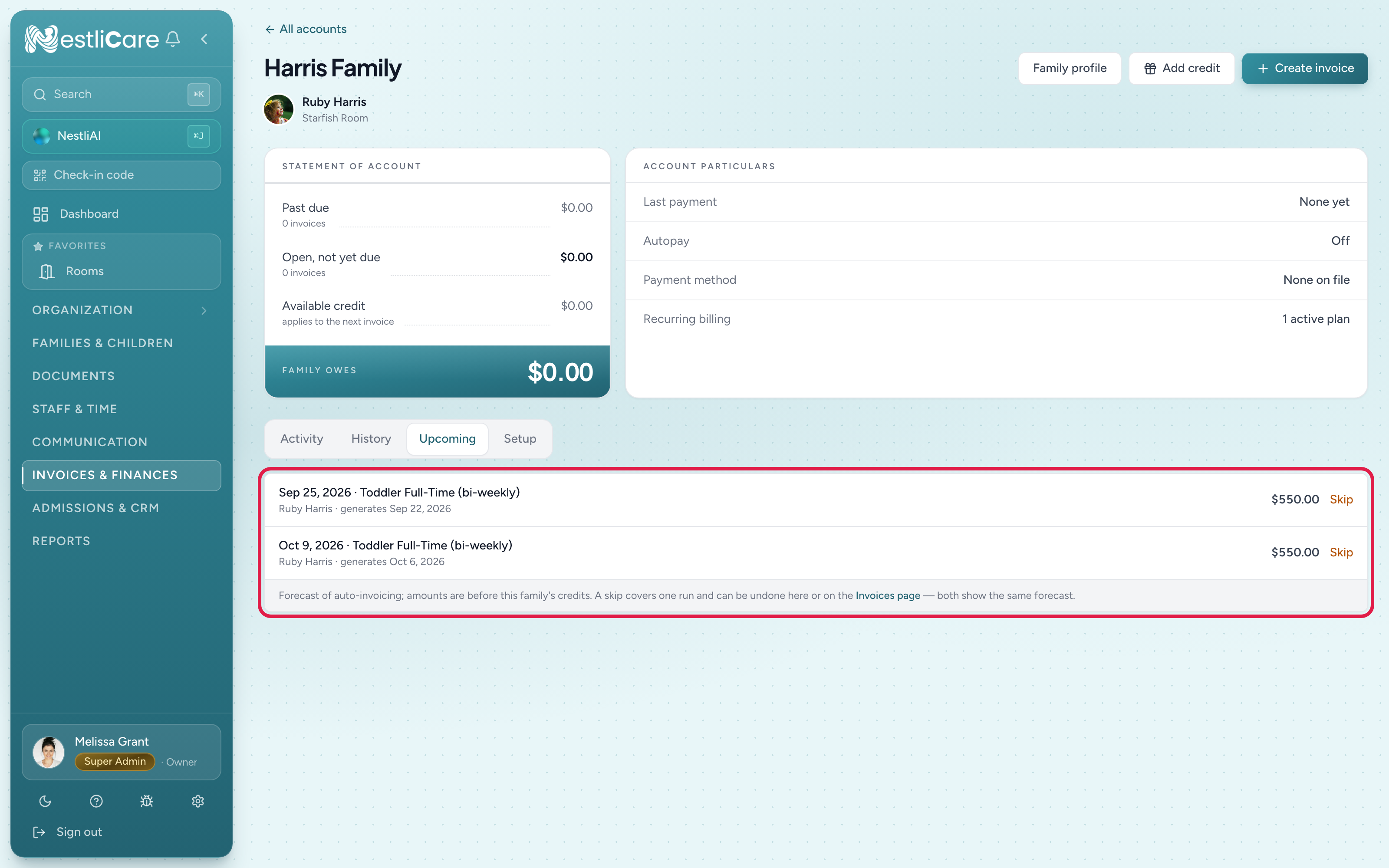 A family's Upcoming tab listing the next two bi-weekly invoices with their generation and due dates