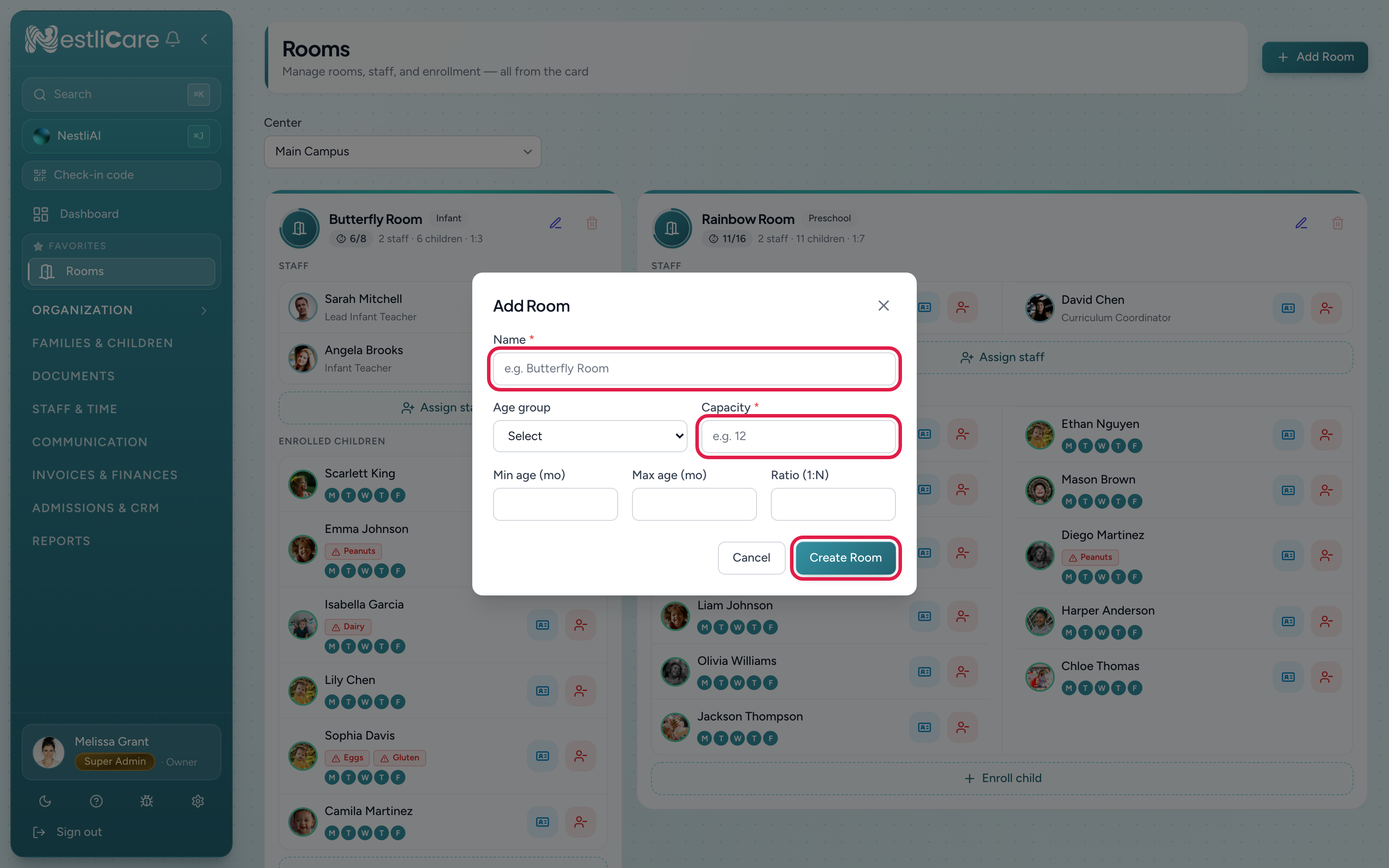 The Add Room form with name, age group, capacity, min and max age, and ratio fields