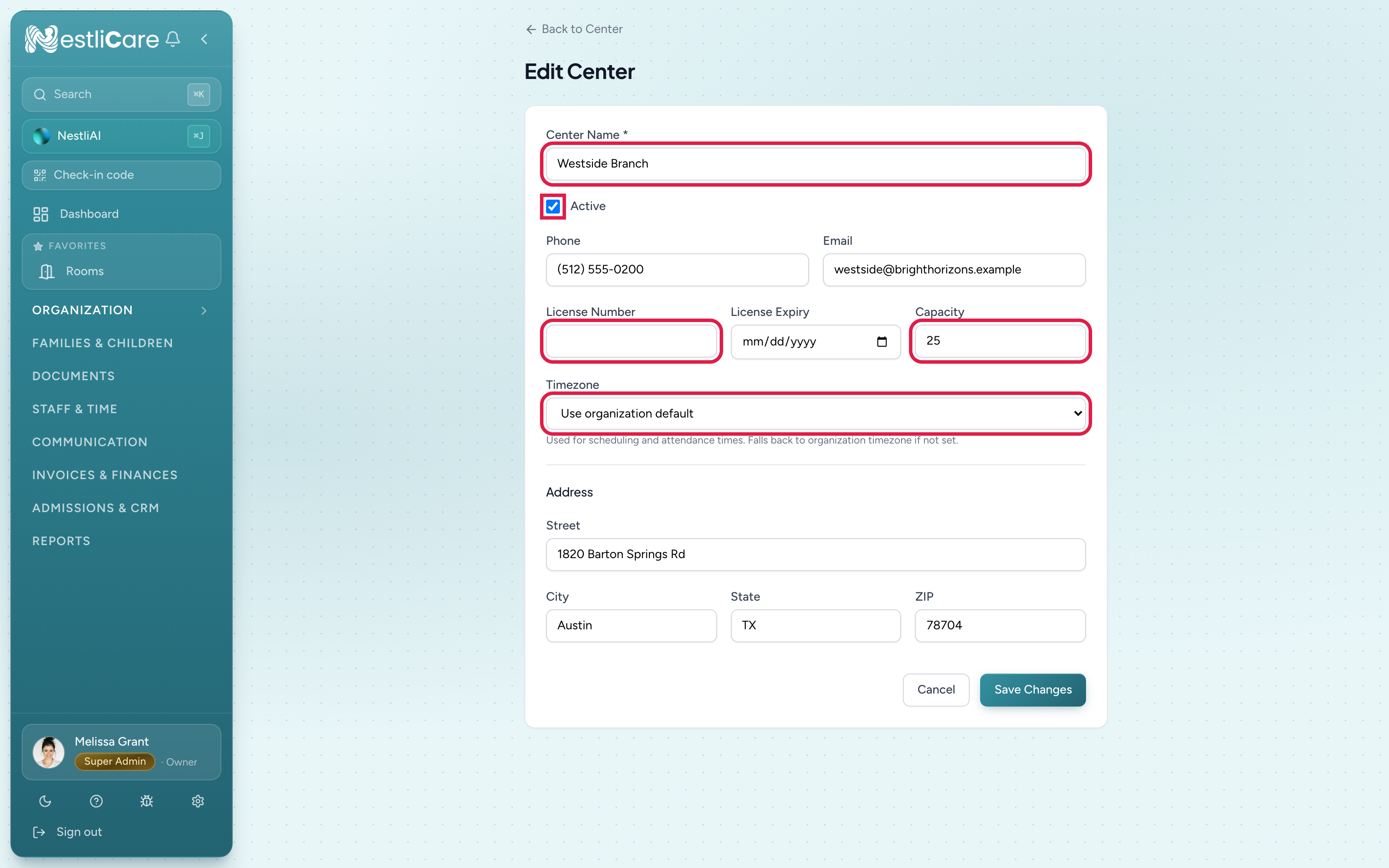 Edit center form