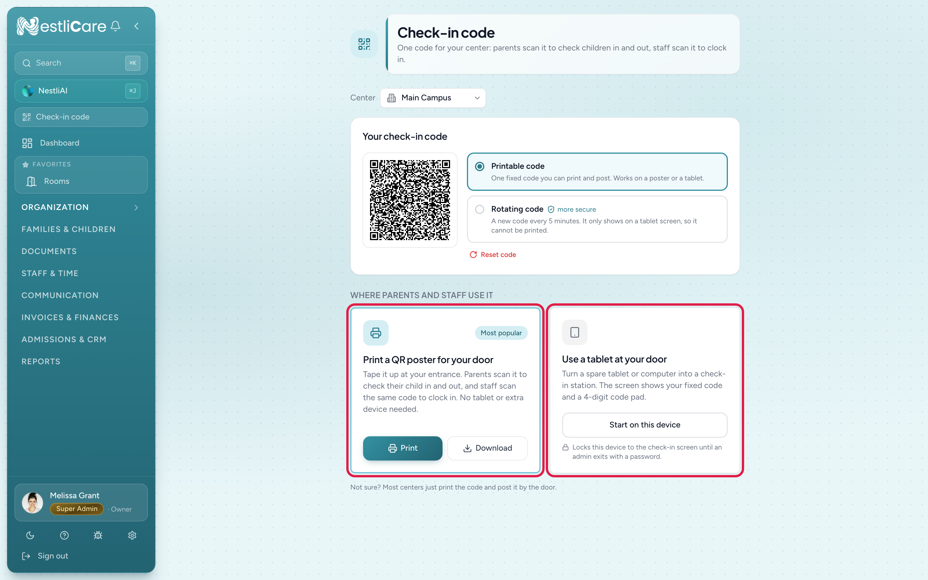 The check-in code page: the code with its printable or rotating mode at the top, then two options — print a QR poster, or use a tablet at the door