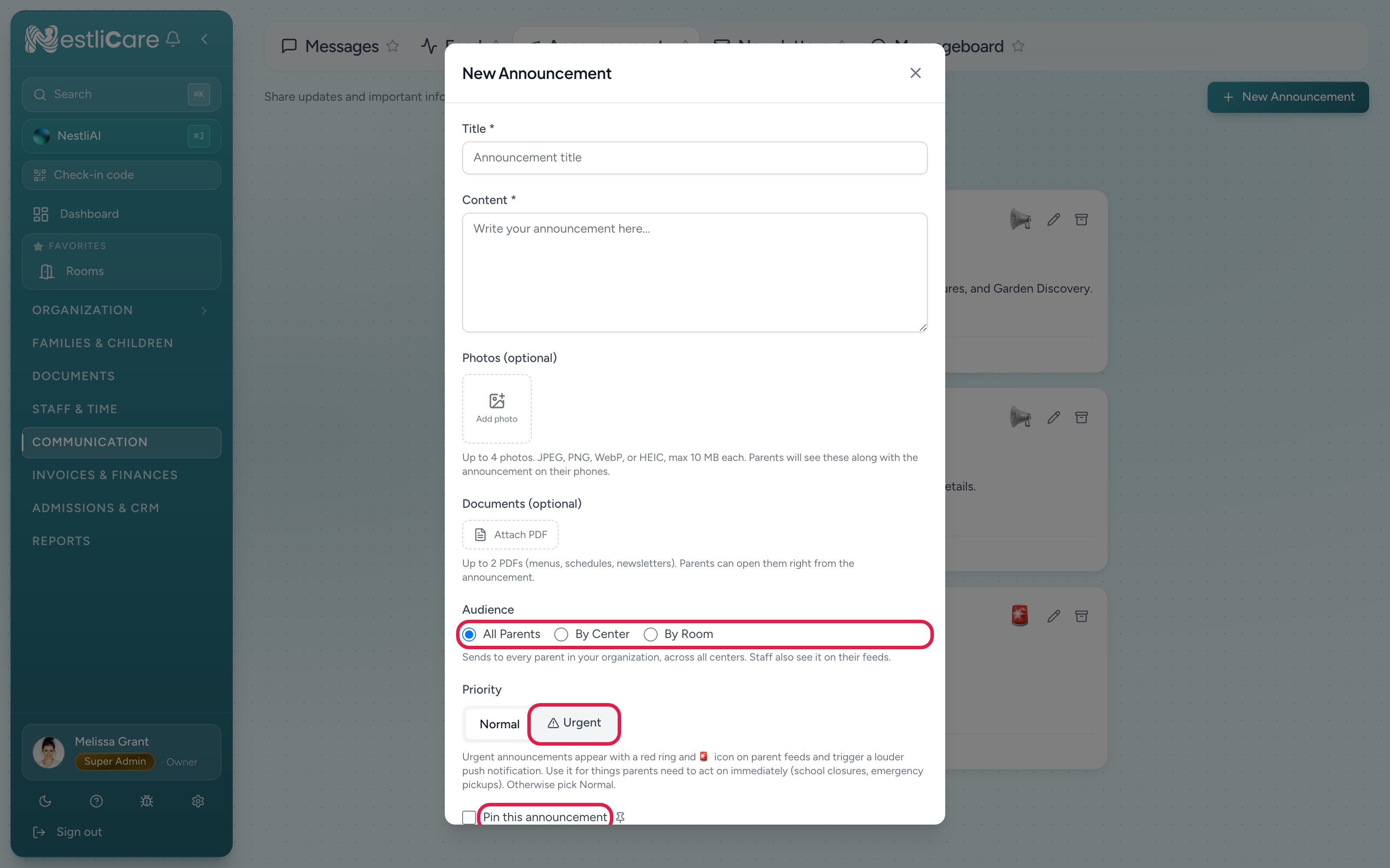 The New Announcement form with title, content, photos, audience, priority, and pin