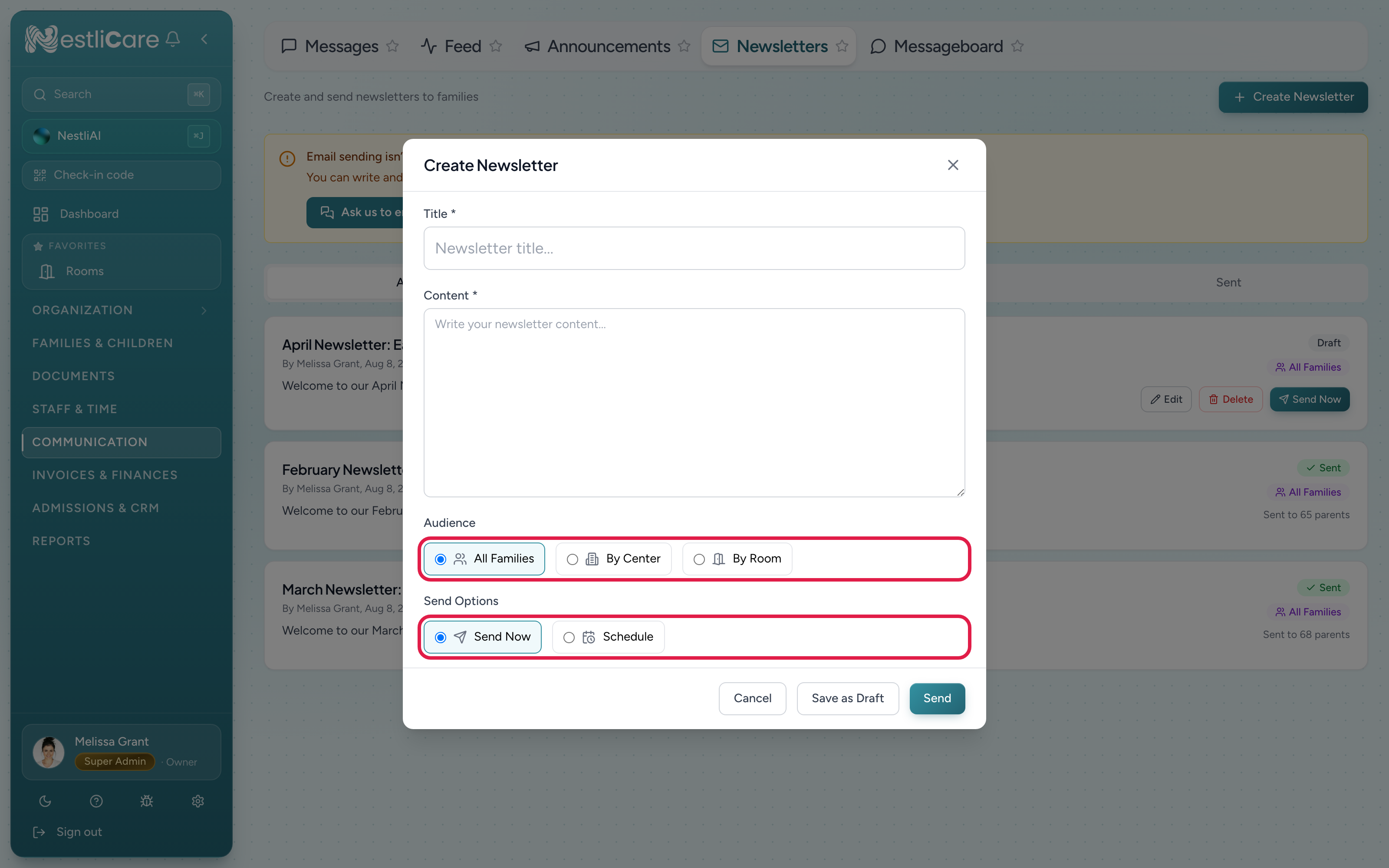 The Create Newsletter form with title, content, audience, and send options
