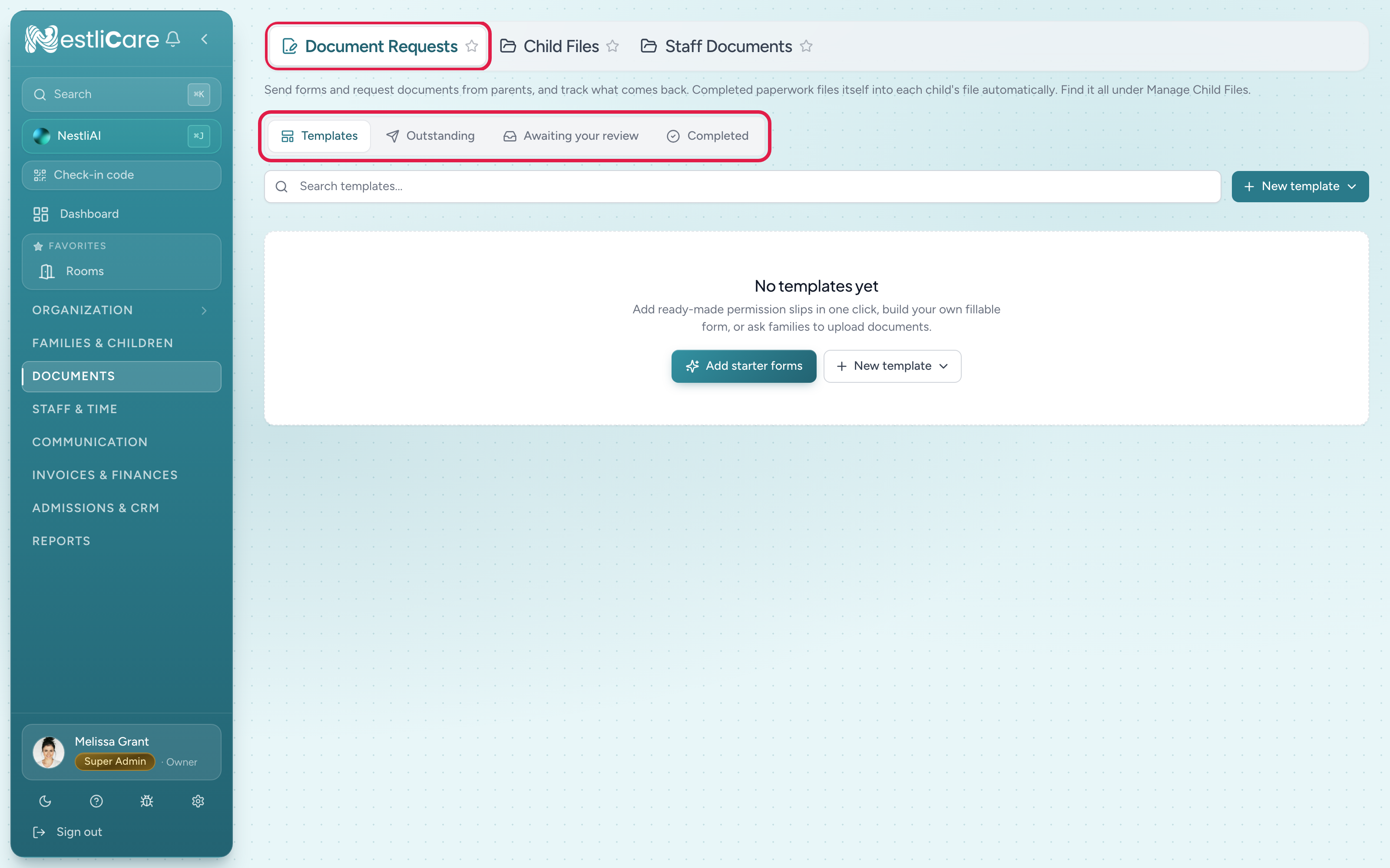 The Documents page with Templates, Outstanding, Awaiting your review, and Completed tabs