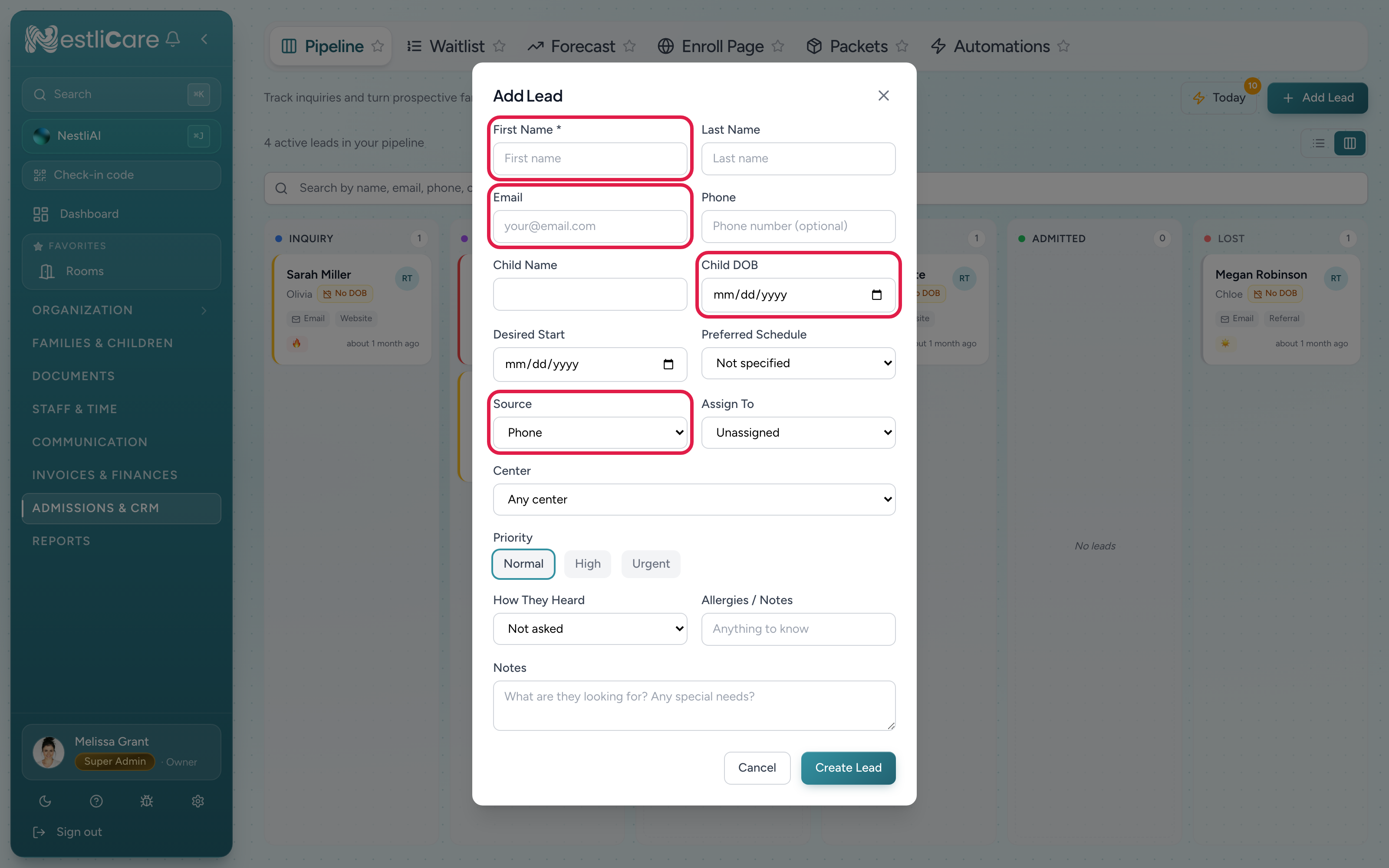 Add a new lead form