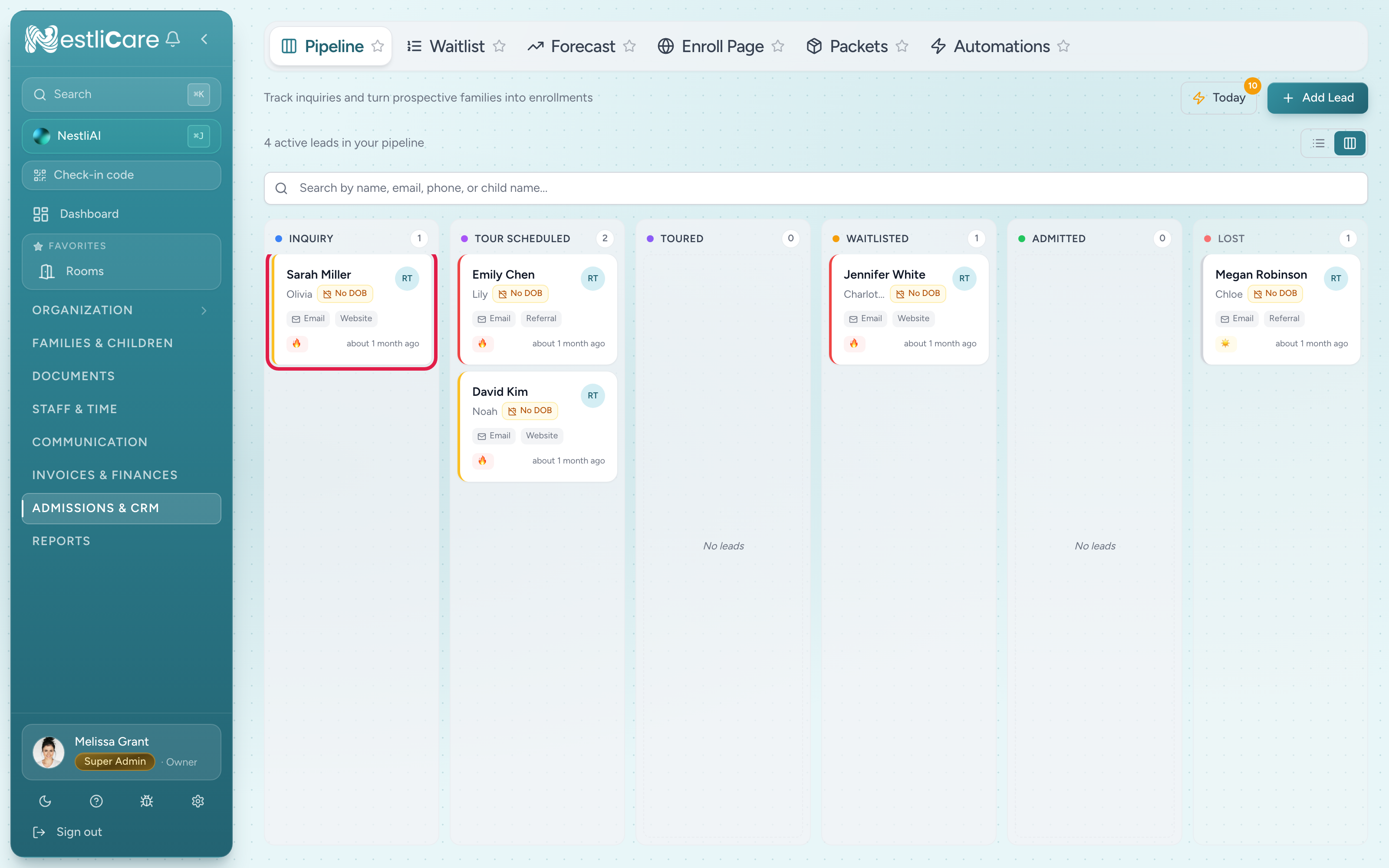 The CRM board with columns for Inquiry, Tour Scheduled, Toured, Waitlisted, Admitted, and Lost