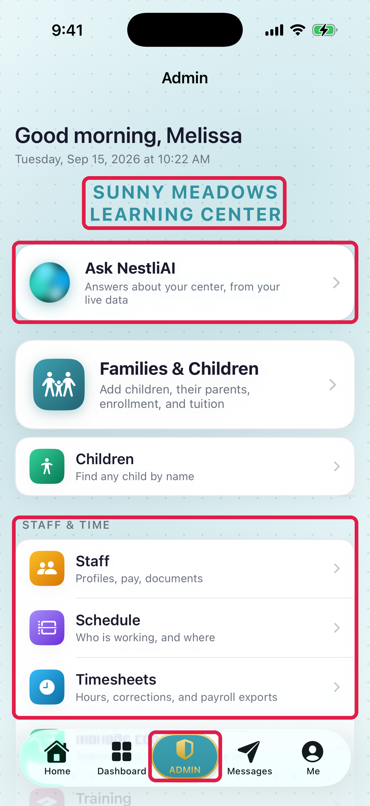 The Admin hub in the NestliCare mobile app, showing Ask NestliAI, Families and Children, and the Staff and Time section