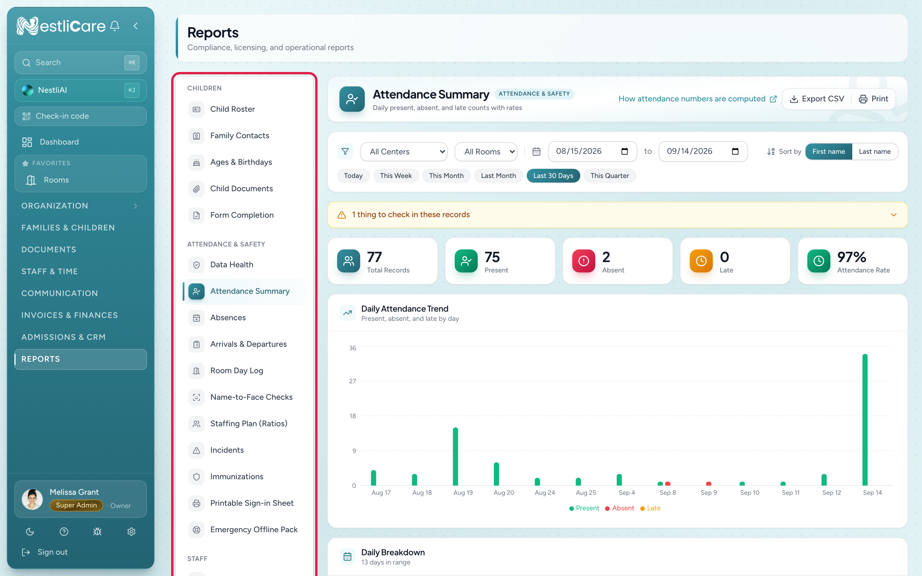 The Reports page with a categorized left rail (Children, Attendance & Safety, Staff, Billing, Operations) and a report on the right