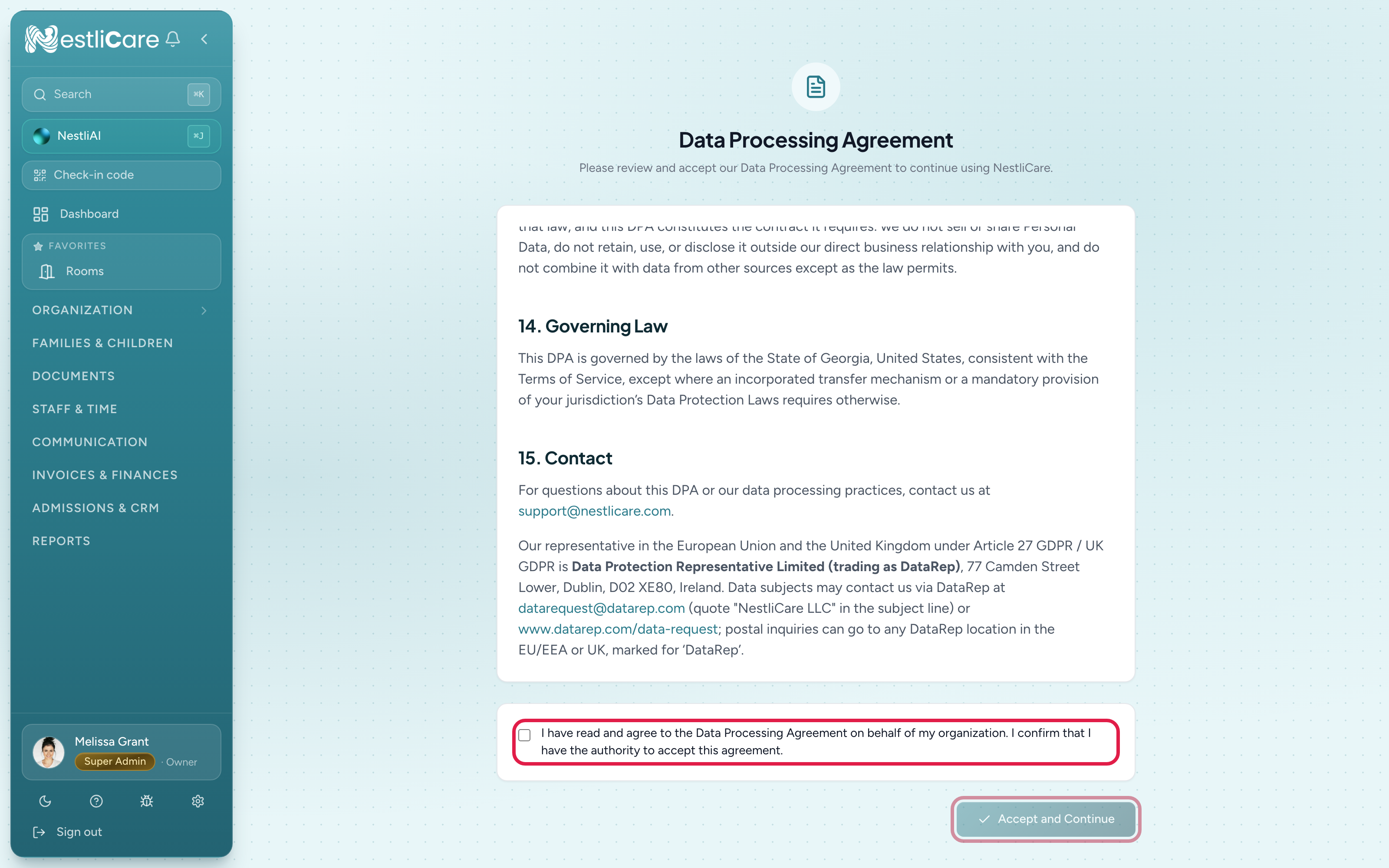 The Data Processing Agreement with the agree checkbox and Accept and Continue button