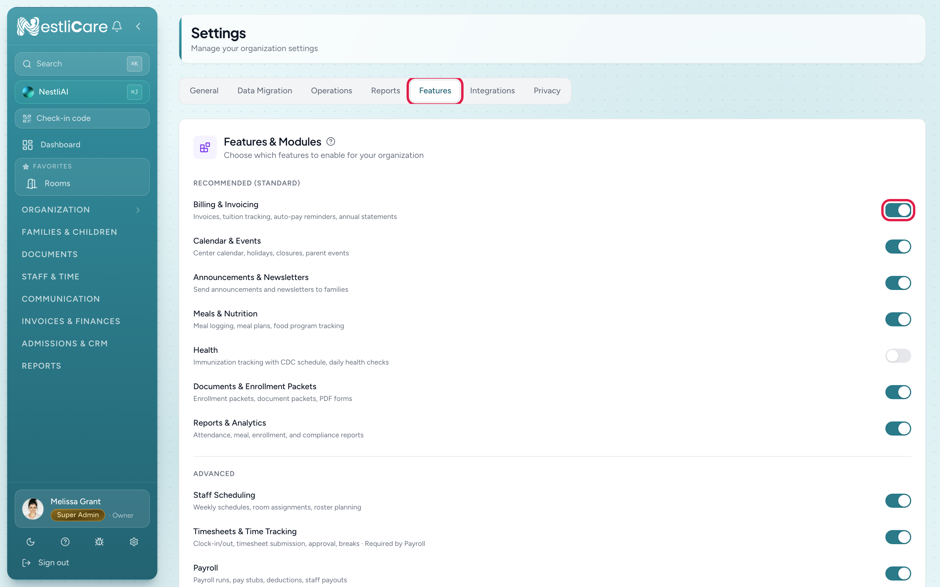 The Features & Modules settings with Recommended and Advanced modules as toggles