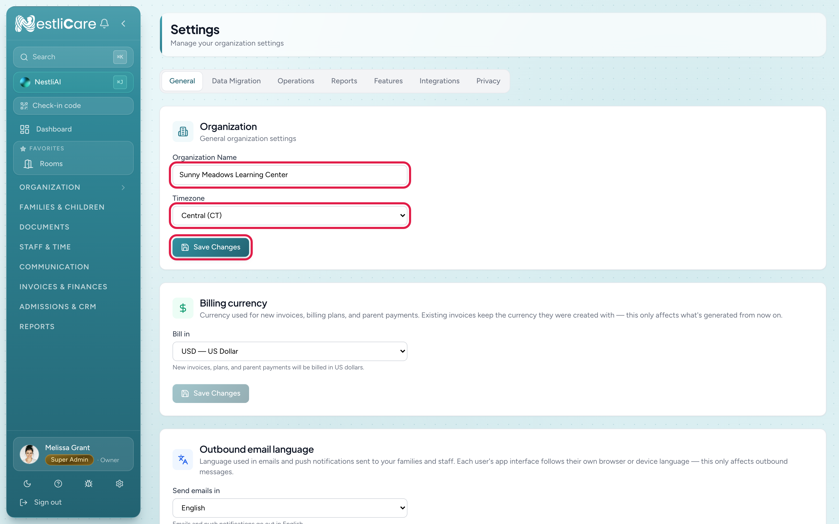 The Organization settings section with organization name and timezone