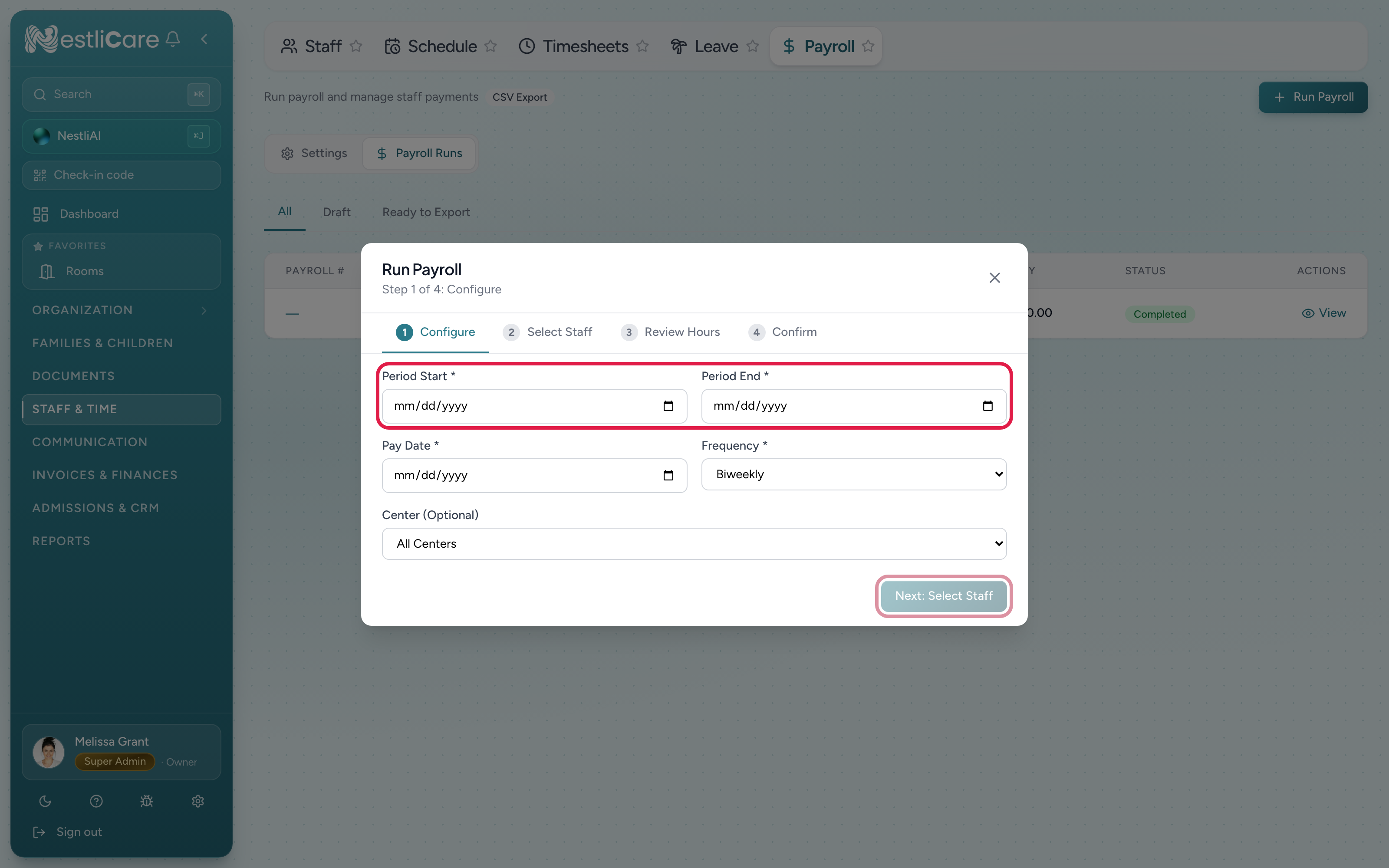 The Run Payroll wizard on step 1, Configure, with the pay period fields