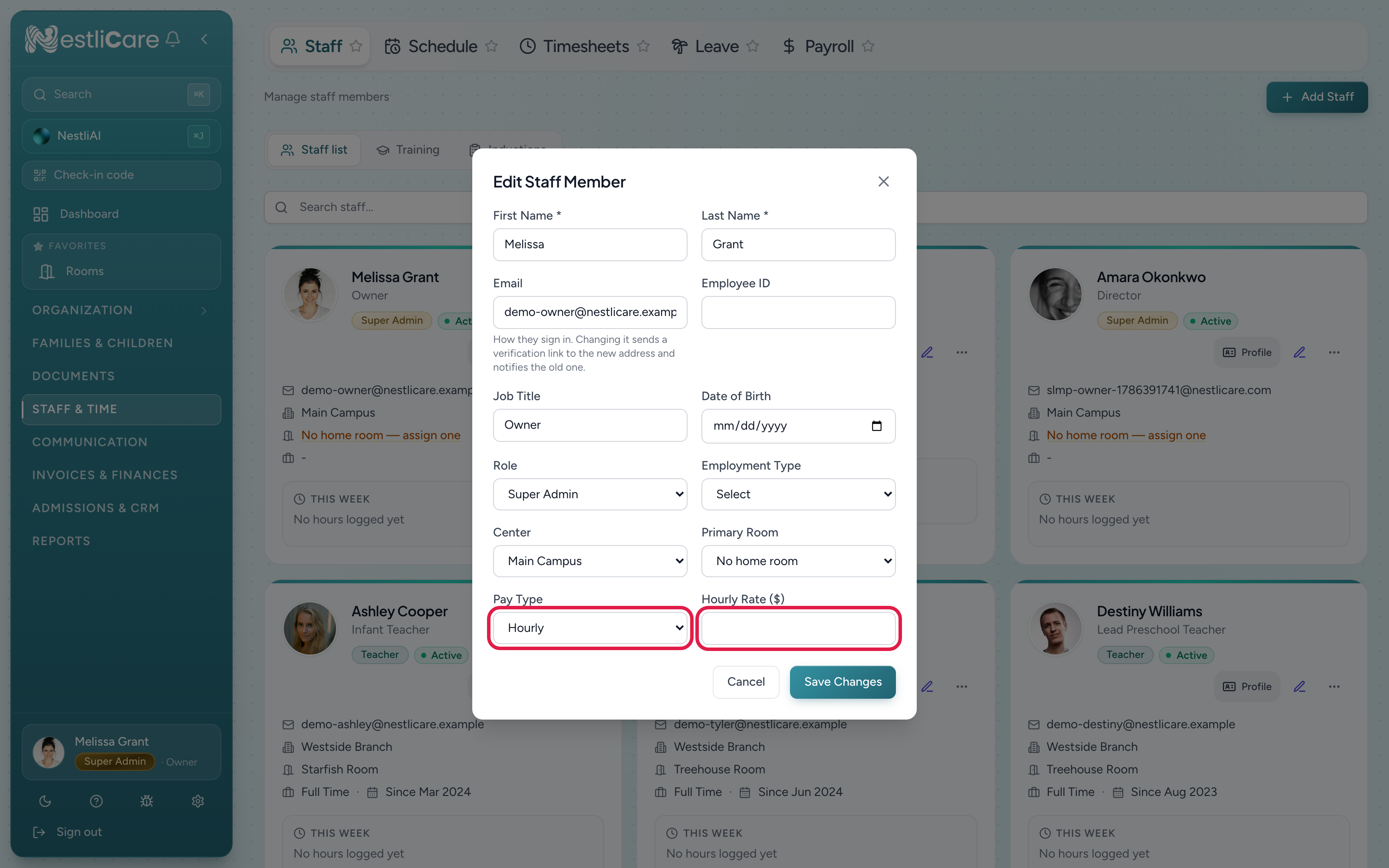 The Edit Staff form scrolled to the Pay Type and Hourly Rate fields