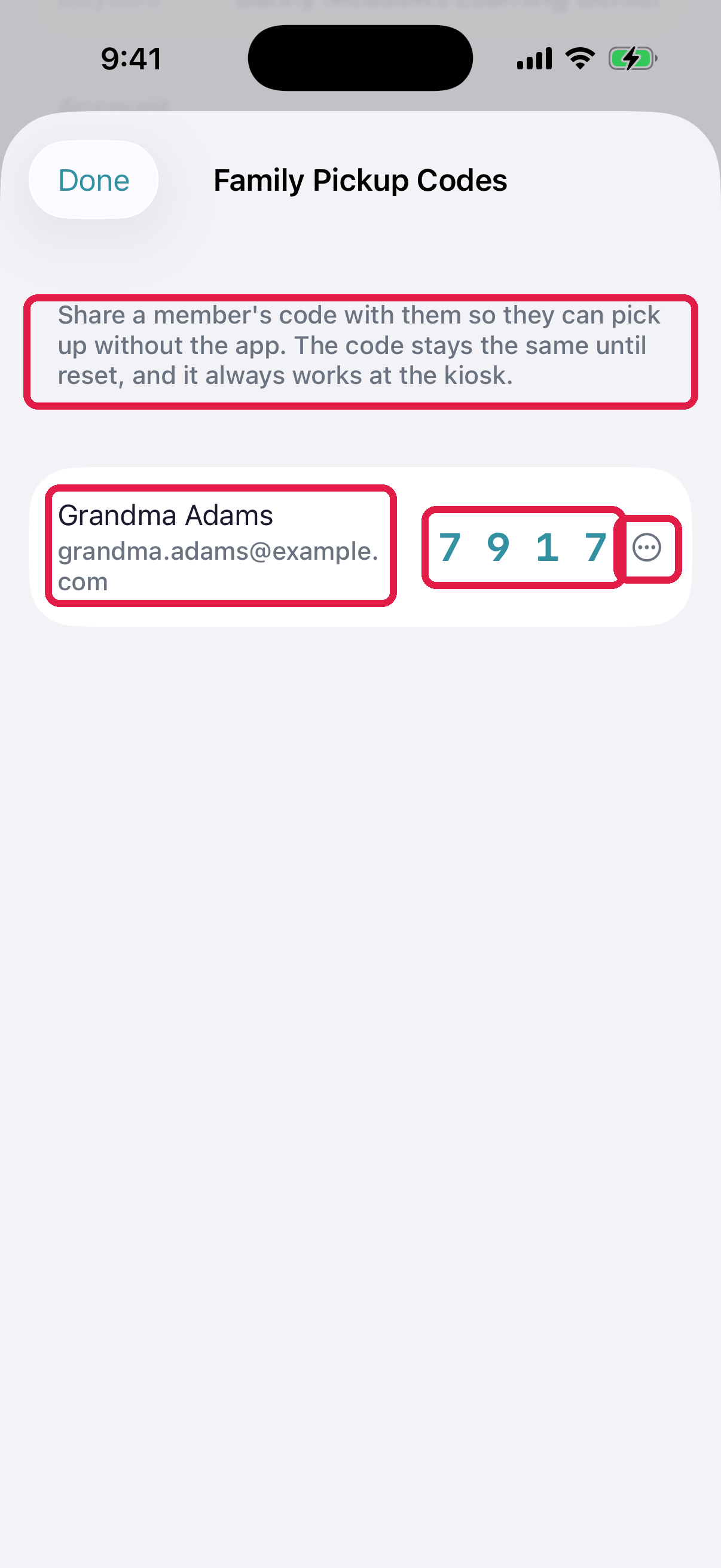 Family Pickup Codes screen listing members and their 4-digit codes