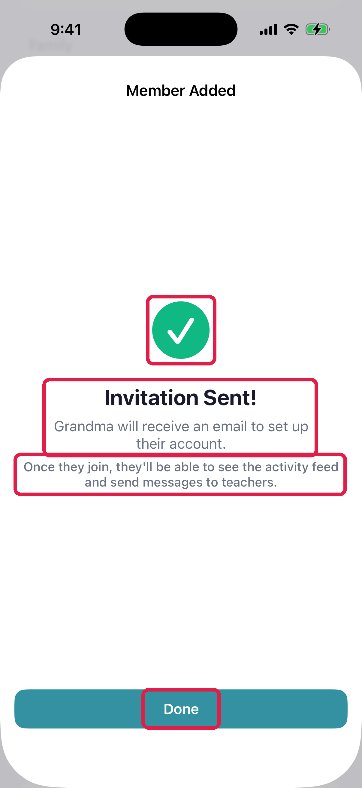 Invitation Sent confirmation screen