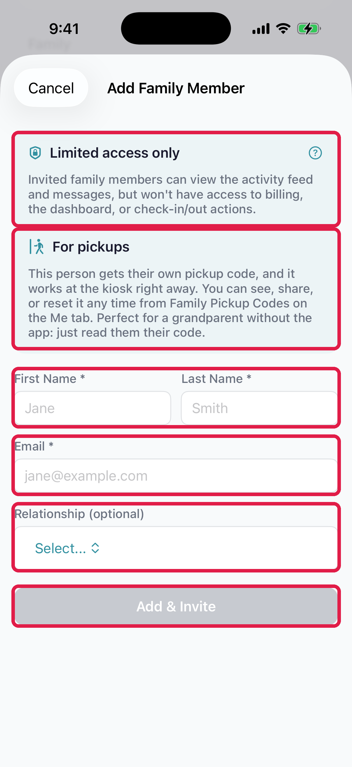 Add Family Member form in the parent app