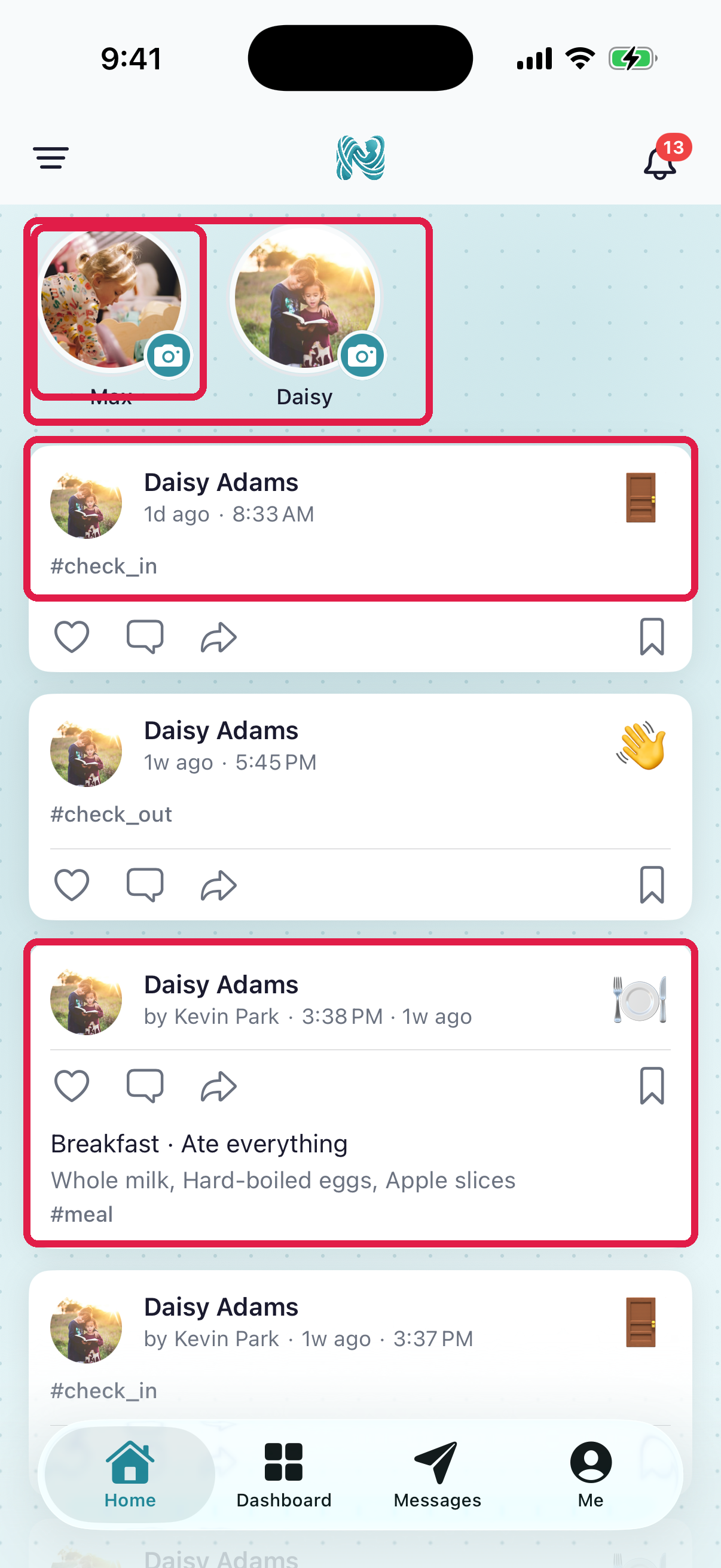 Parent app Home tab with child story row and activity feed