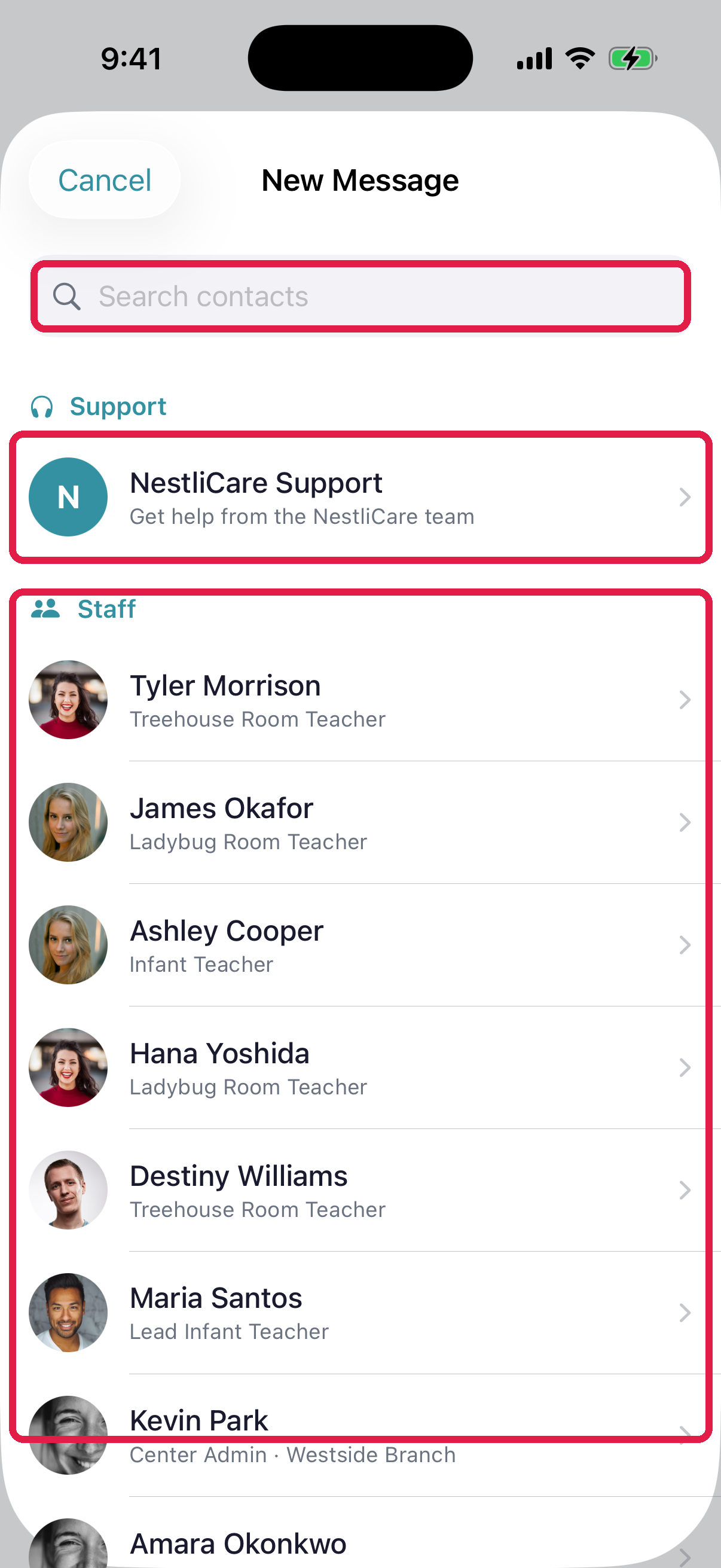 New Conversation contact picker in the parent app