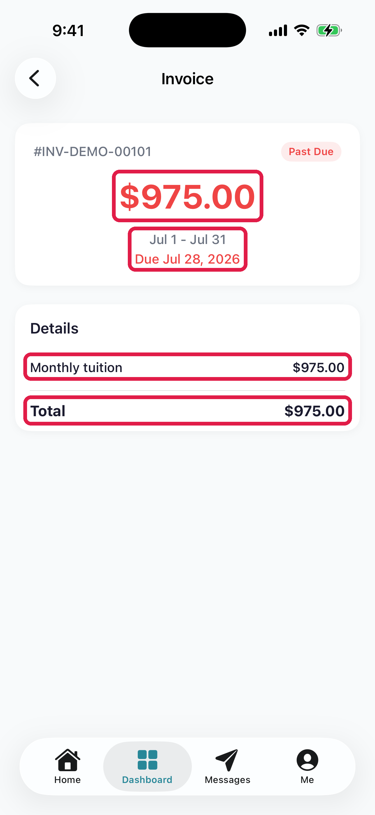 Invoice detail view with line items and totals