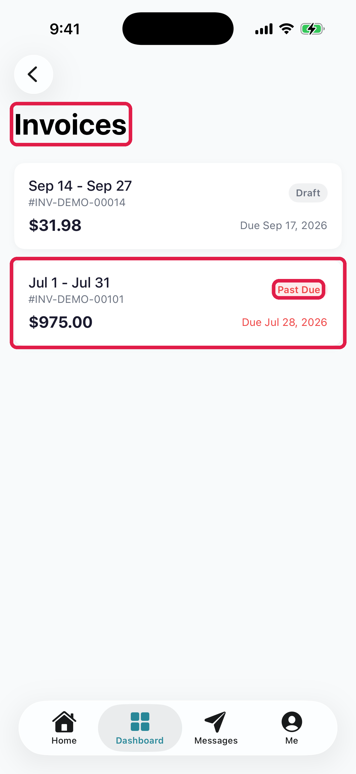 Parent app Dashboard → Billing → View All, listing each invoice as a card