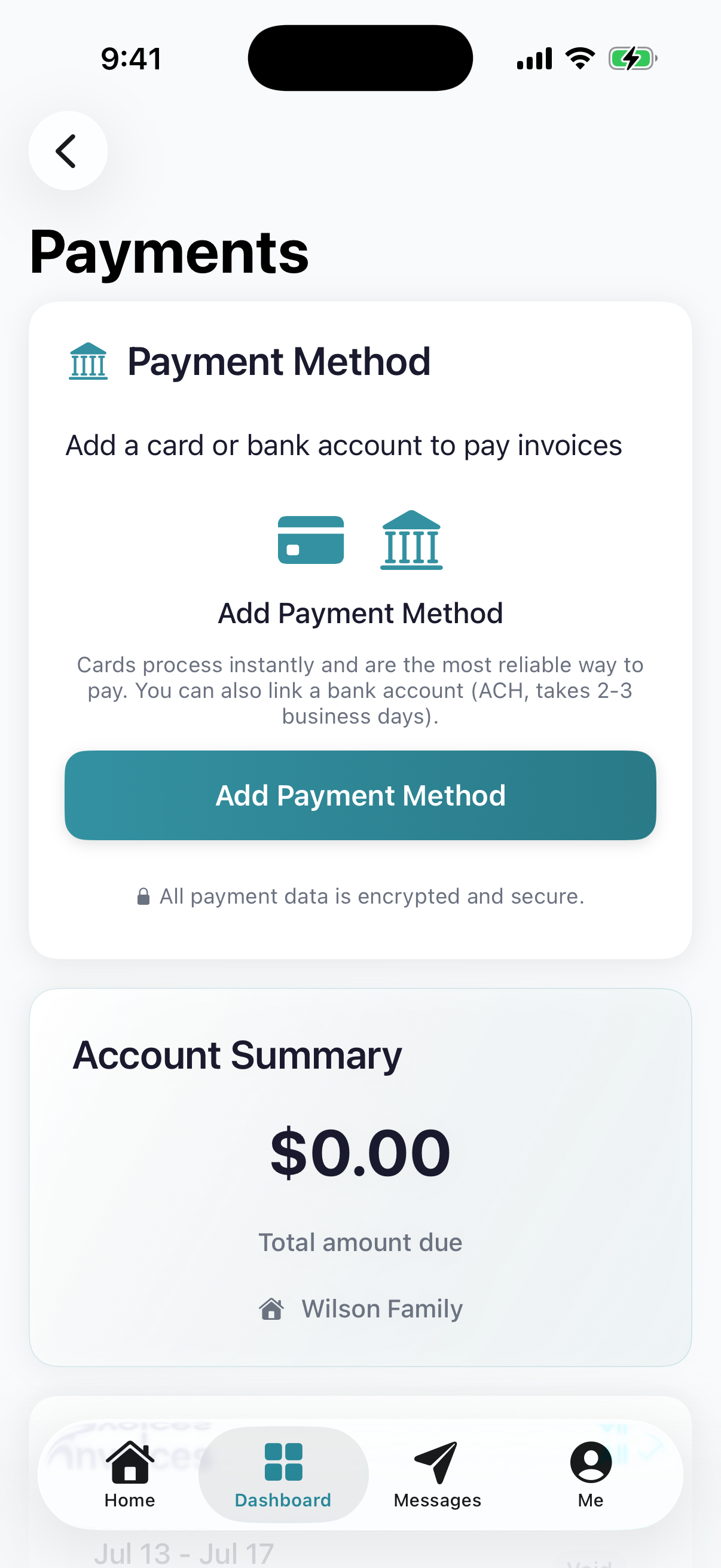 Payments screen with an empty Payment Method card and the Add Payment Method button