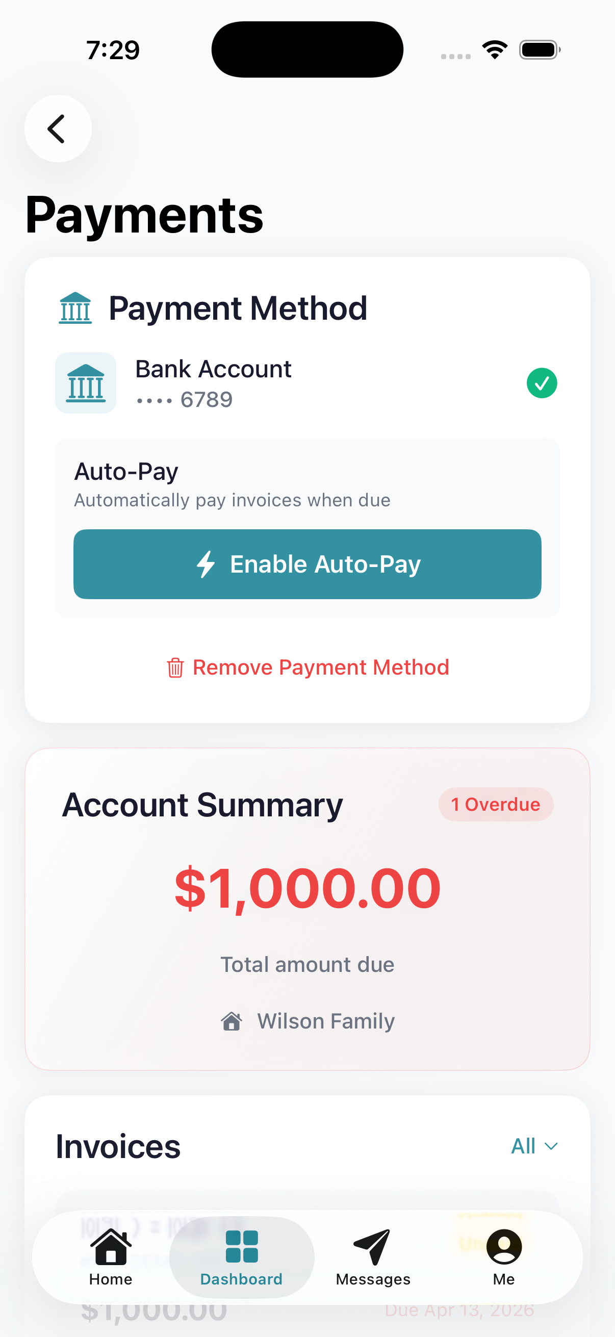 Payment Method section on the Me tab