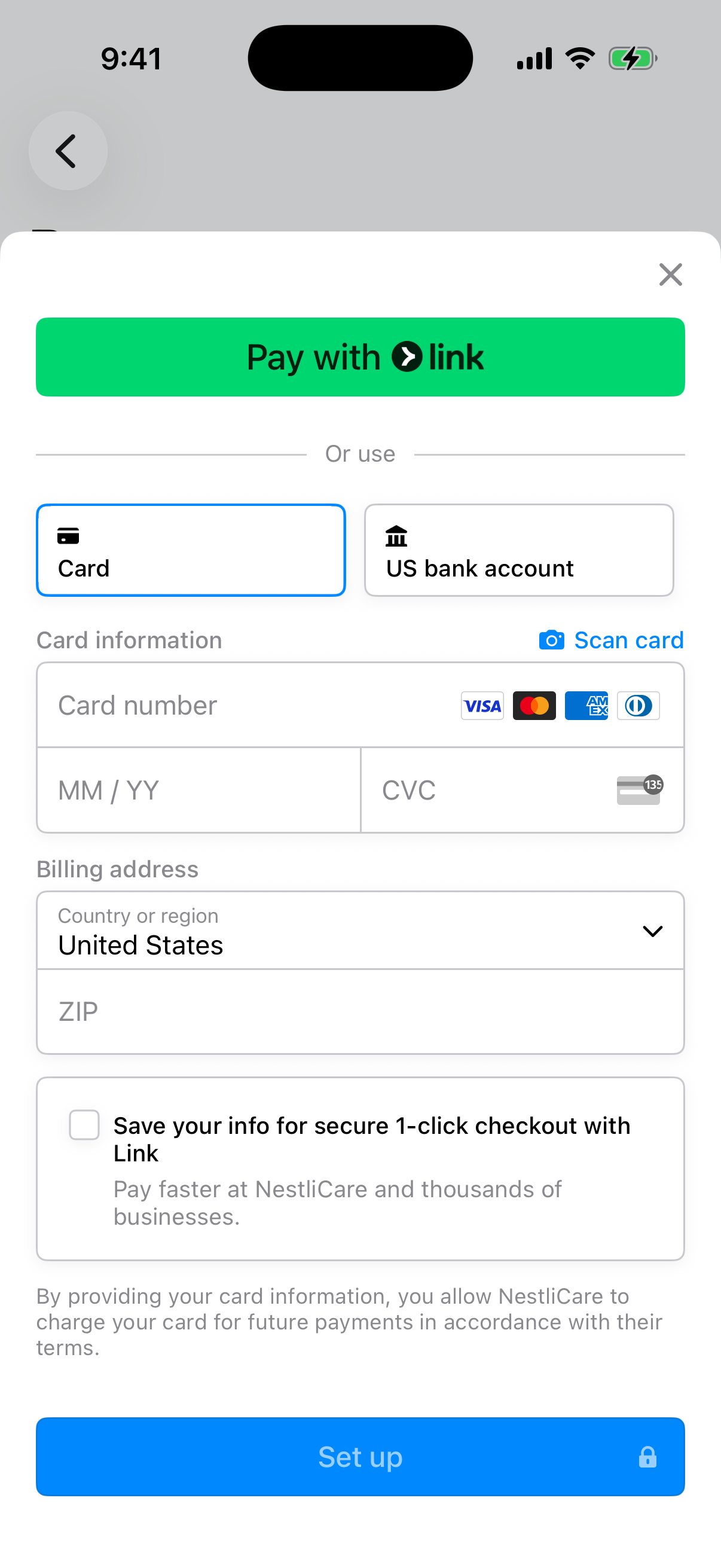 Stripe payment sheet with Card and US bank account options, card number fields, and the Set up button