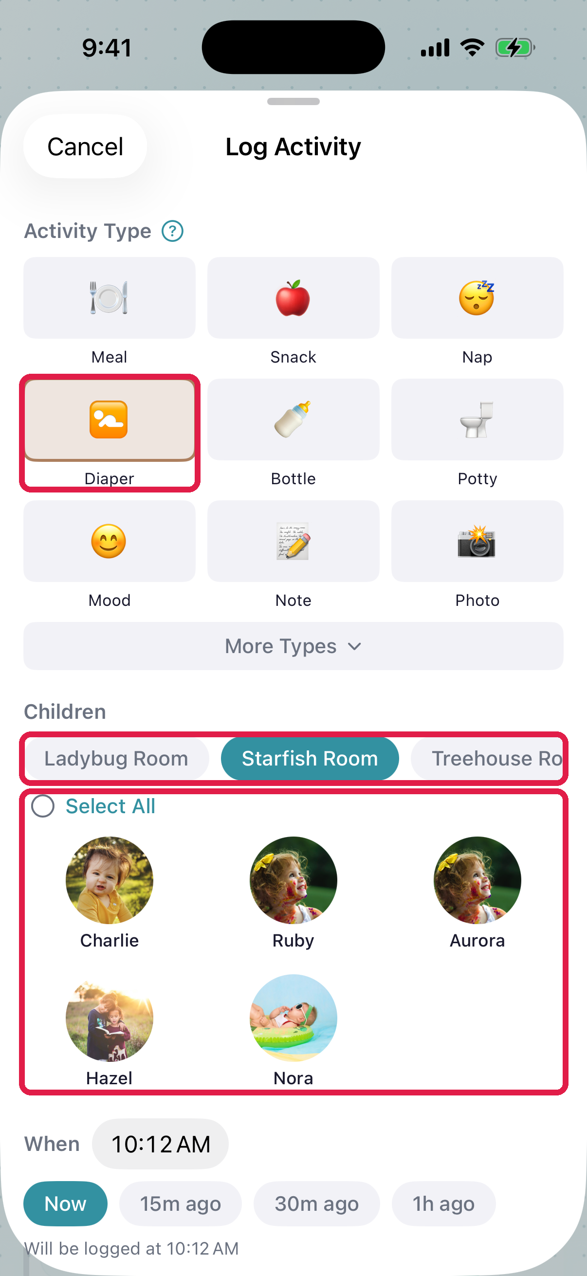 Log Activity screen — activity type grid with Diaper in the middle row