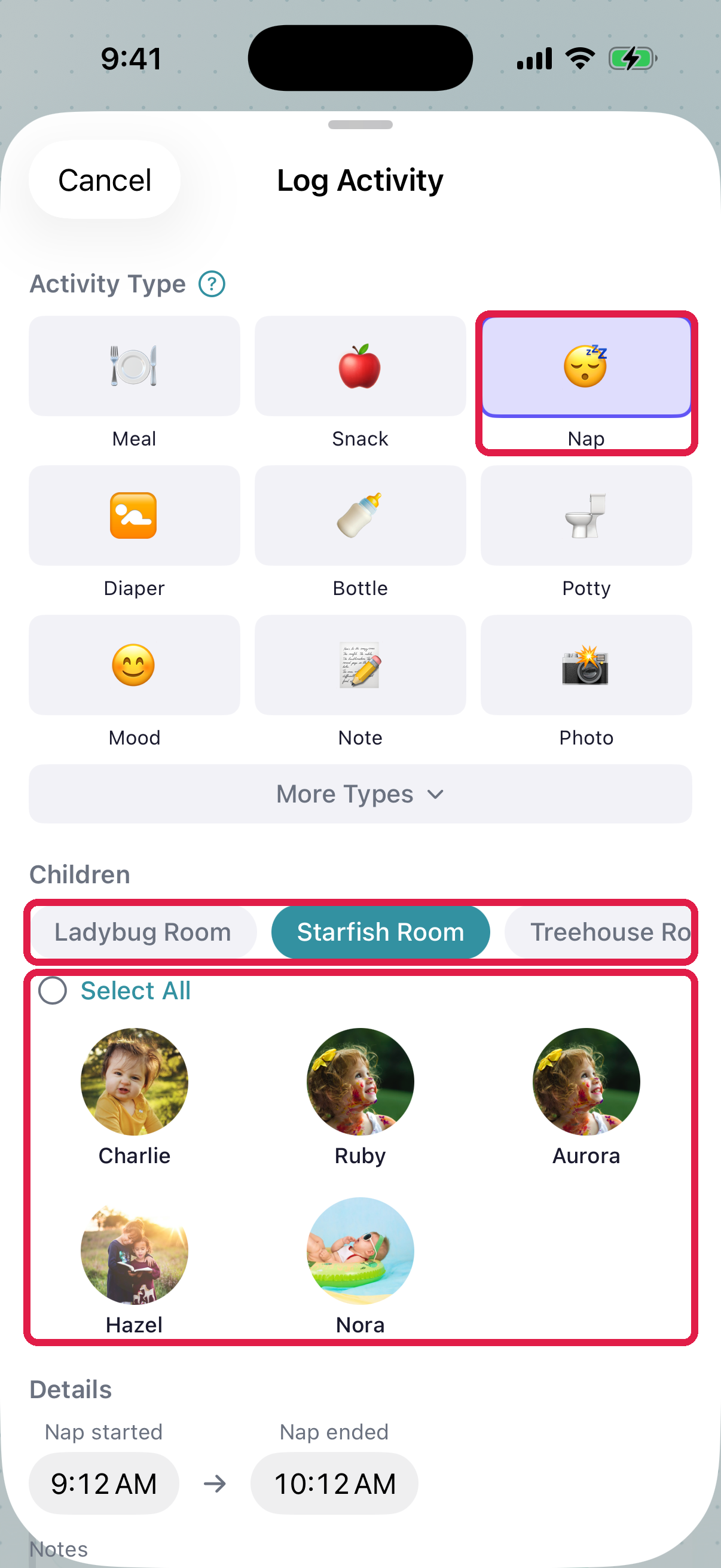 Log Activity screen — activity type grid with Nap in the top-right
