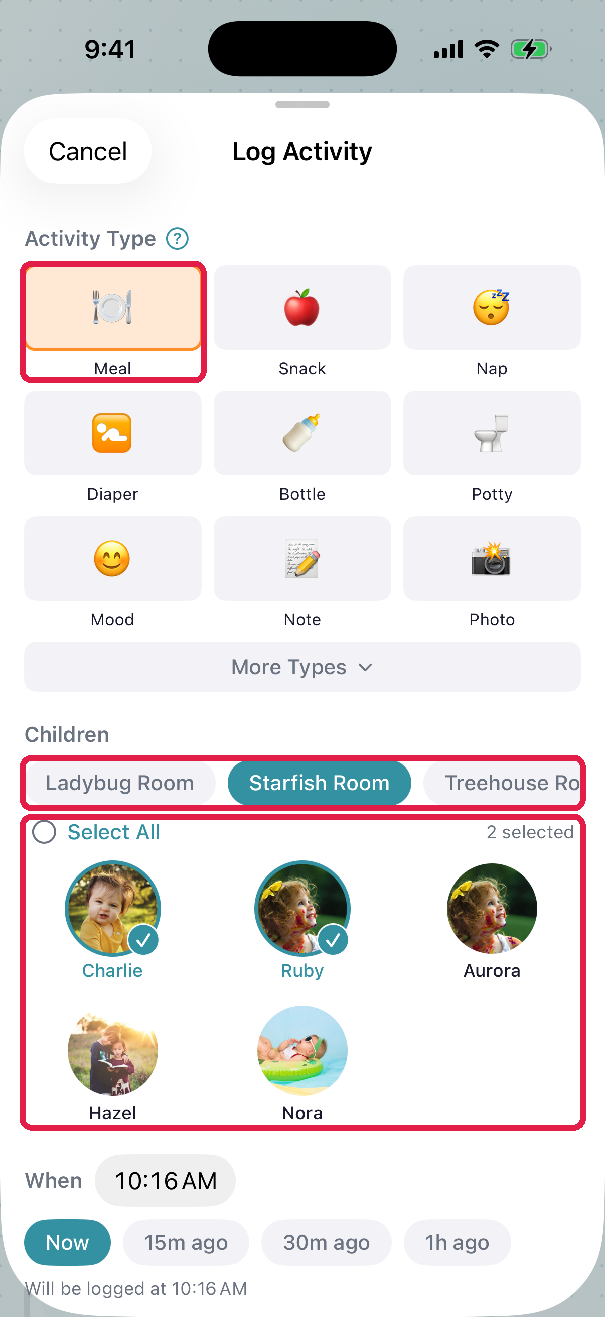 Log Activity sheet with the Meal tile selected, room pills, and the child avatars