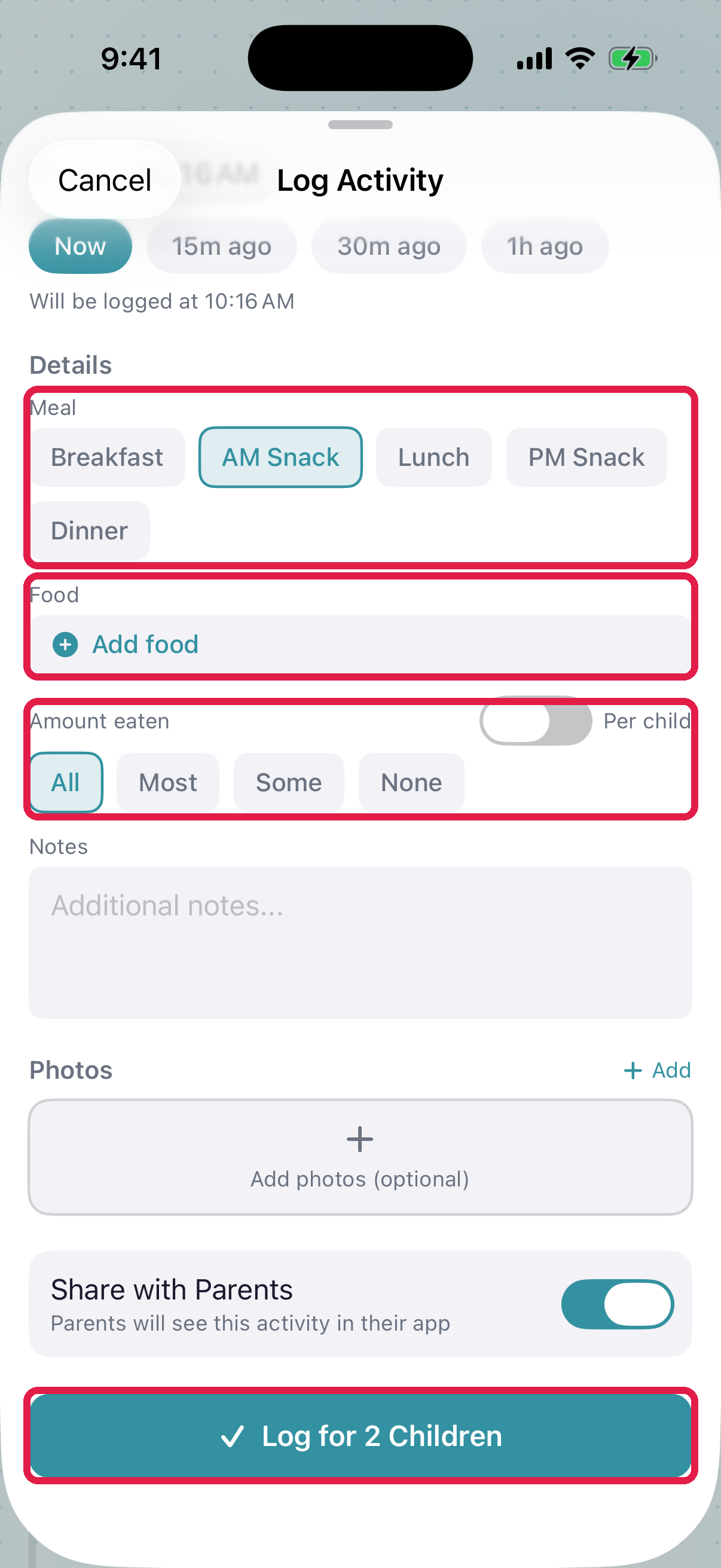 The meal details section: meal type, food, amount eaten, and the Log for N Children button