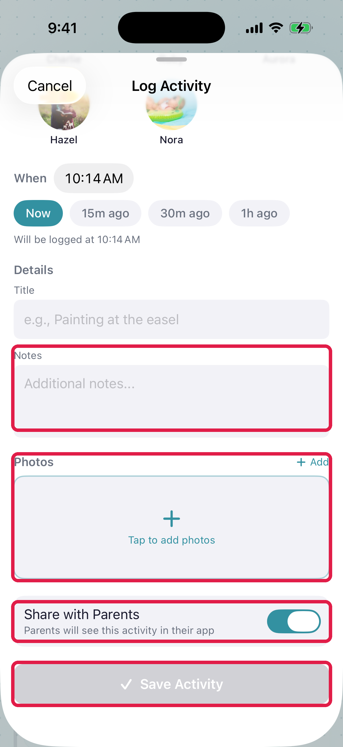 The lower half of the Log Activity sheet with Photo selected: notes, the photos section, the Share with Parents toggle, and Save Activity