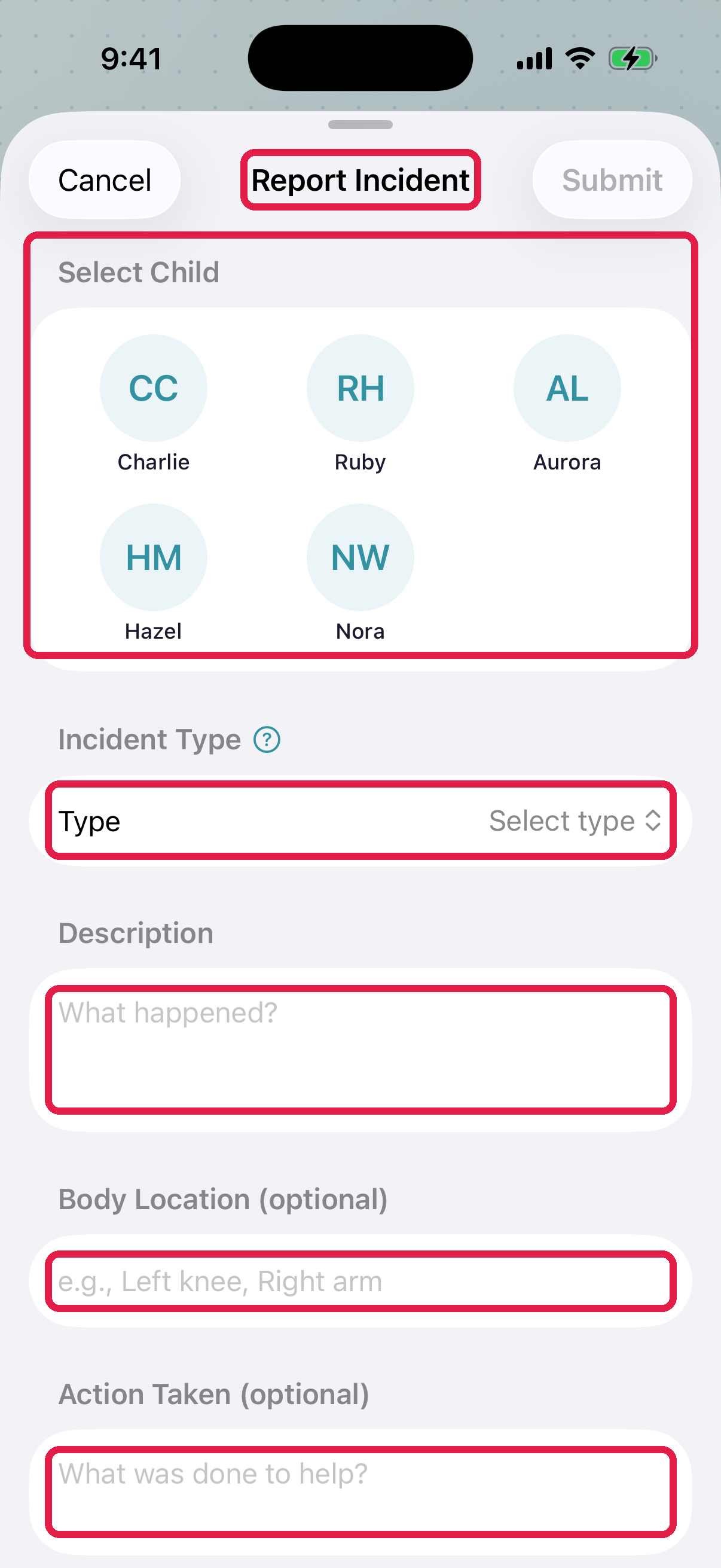 Report Incident form in the staff app