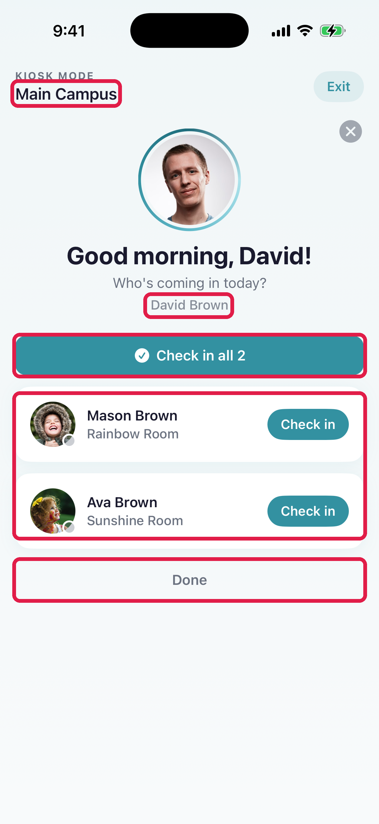 Kiosk check-in confirmation — Amanda Wilson authenticated, Nora + Leo listed with Check in buttons and a Check in all 2 CTA