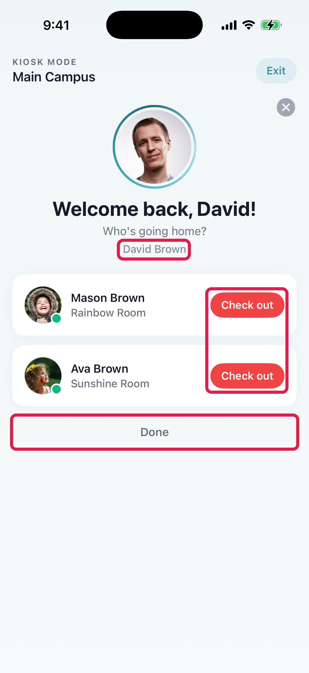 Kiosk check-out confirmation — kids already checked in, Check out buttons in red