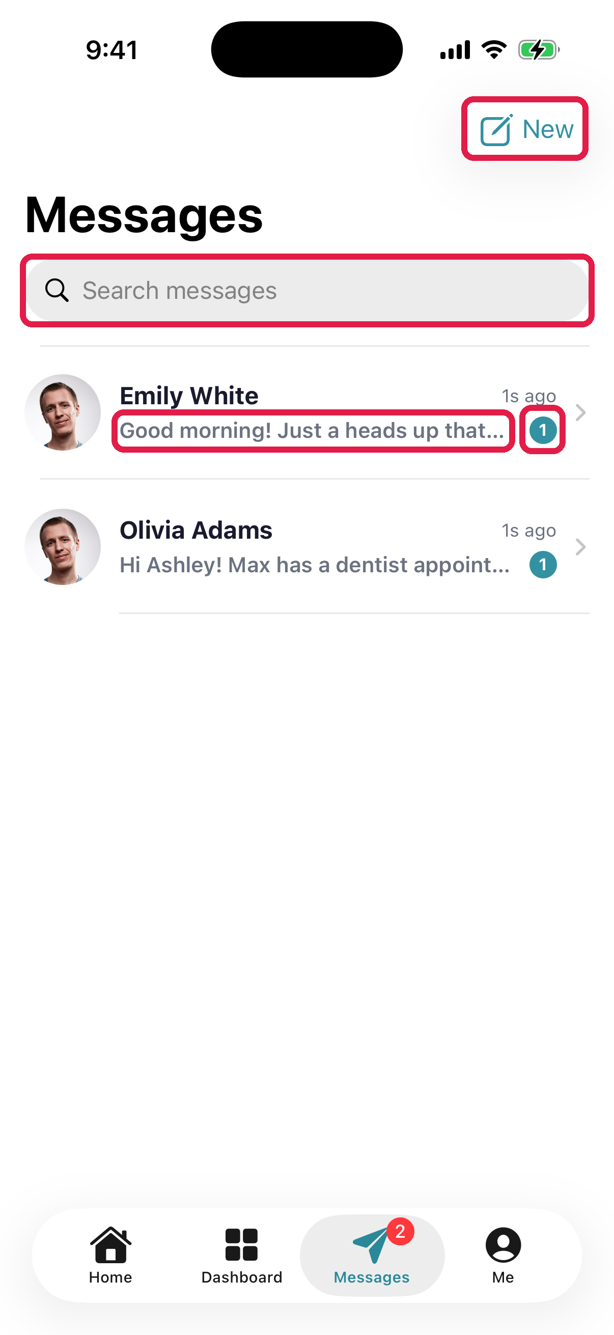 Messages list in the staff app