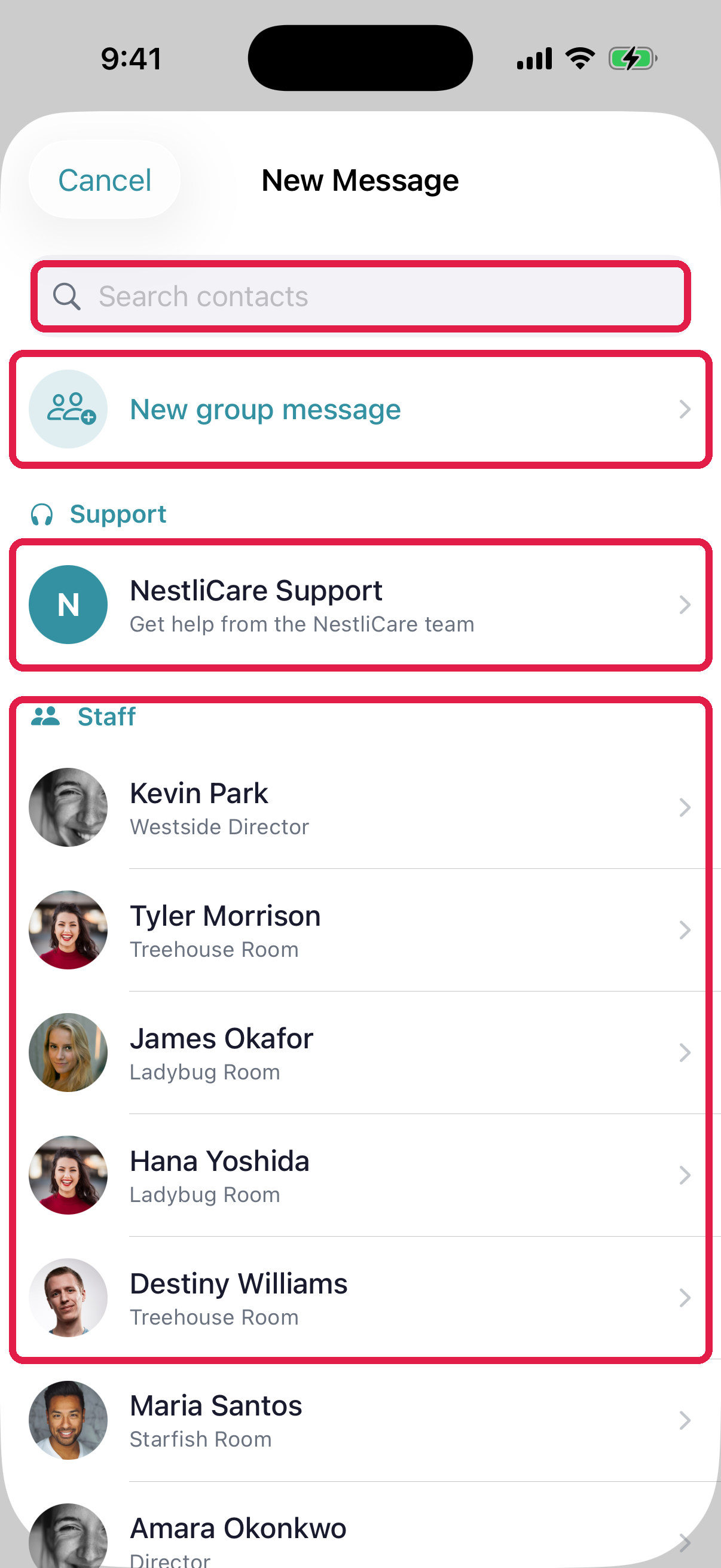 New Message picker — Support, Staff, Parents sections