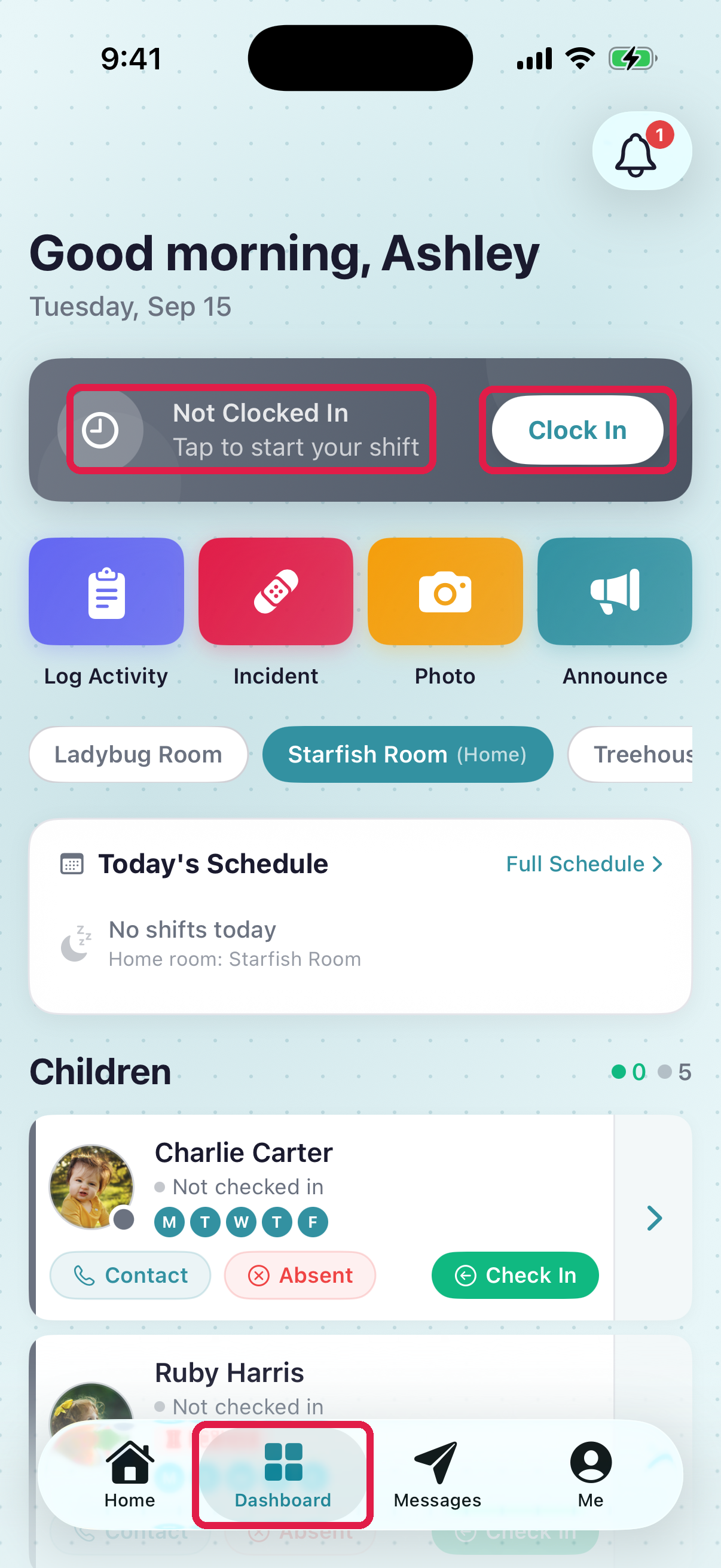 The Dashboard tab in the NestliCare app, showing the clock banner reading Not Clocked In with a Clock In button