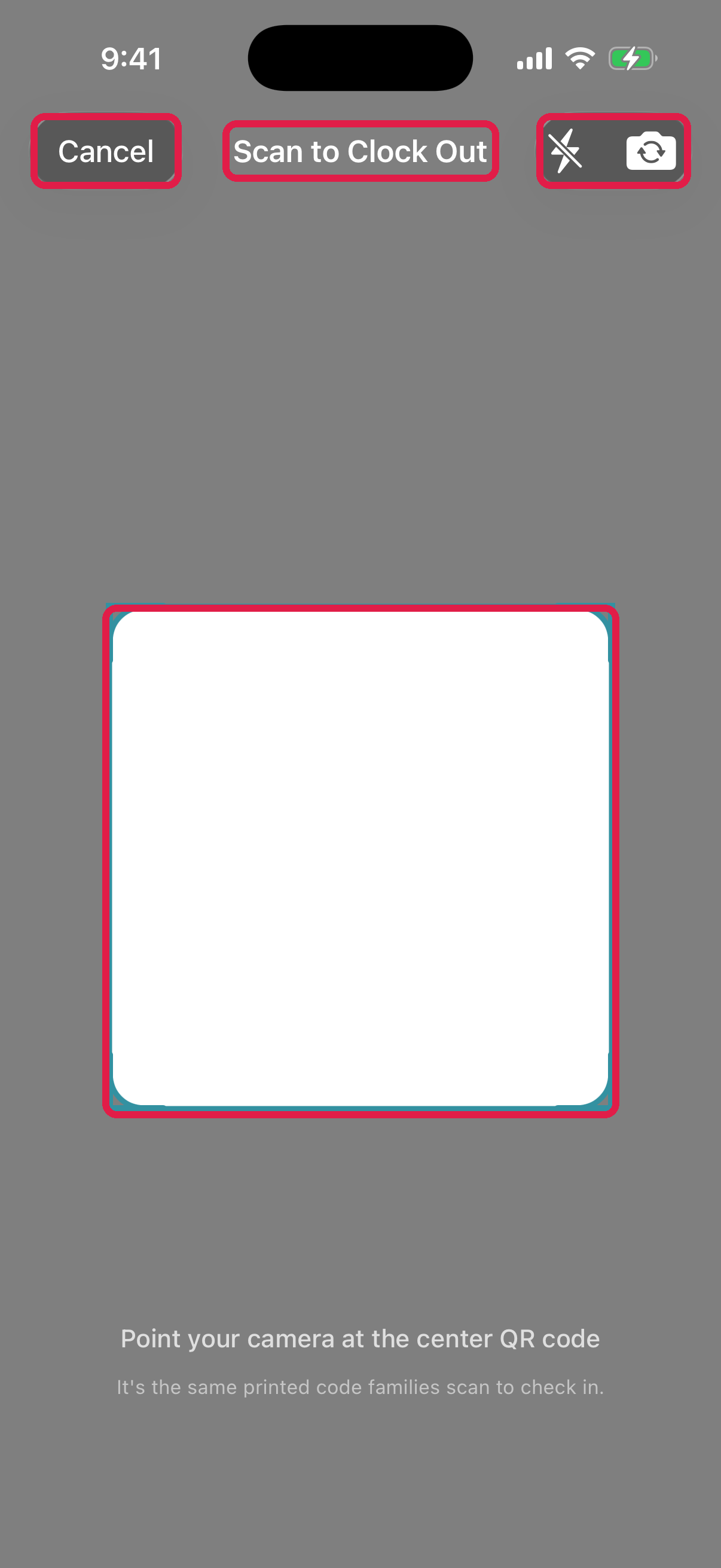 The Scan to Clock In camera screen, with a teal scanning frame and instructions to point the camera at the center QR code